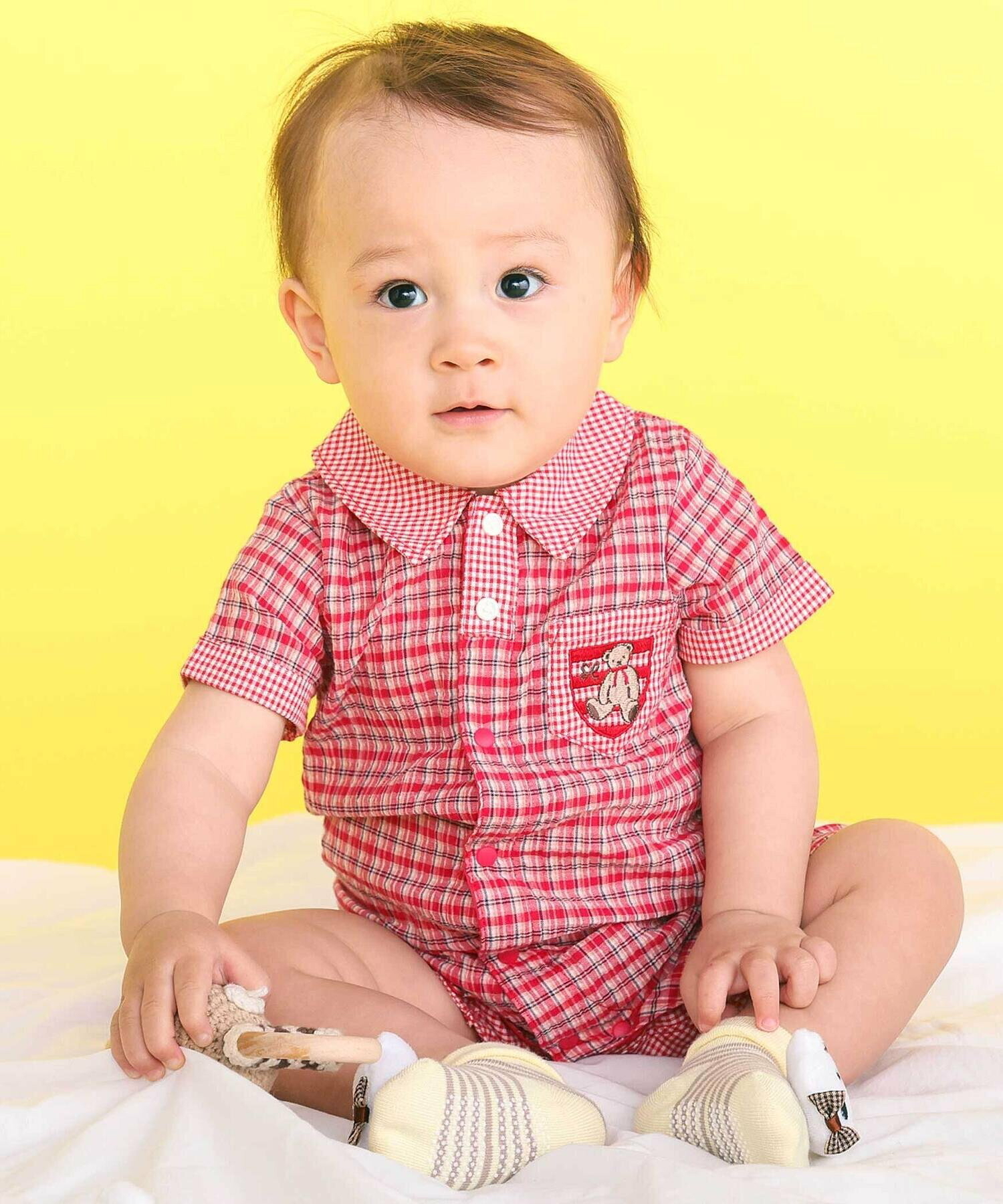 🇯🇵預訂 日本直送🇯🇵Slap Slip Baby兩色小熊刺繡口袋格紋翻領短袖連身服