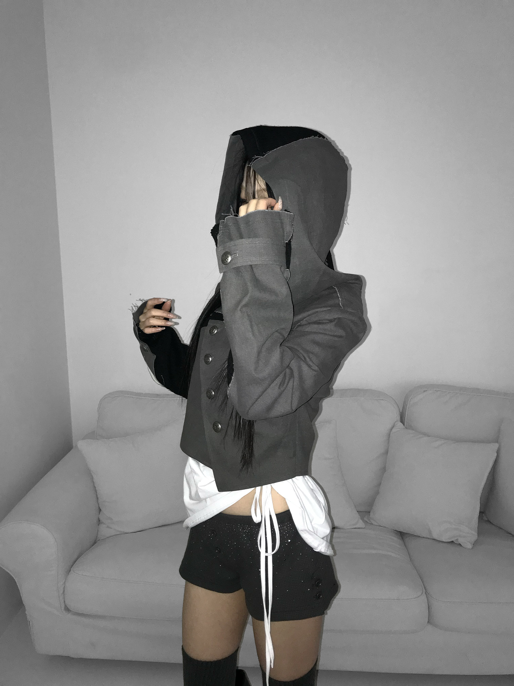 Asymmetric Raw-Edge Hooded Cropped Jacket