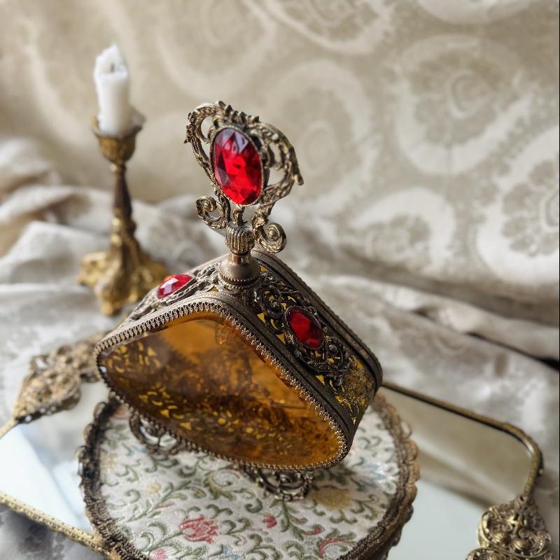 Rare! Early to Mid-Century Romantic Revival Ormolu & Amber Glass Large Perfume Bottle (MT2494)