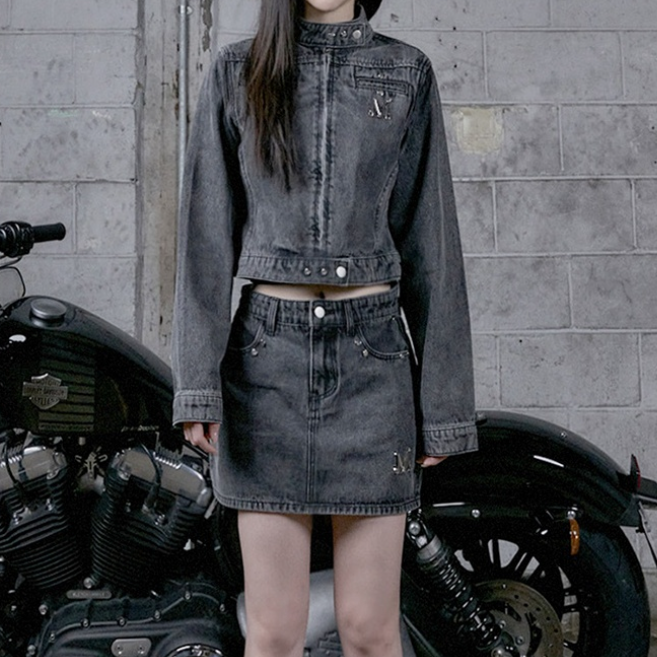 [MUCENT] AVIER SET-UP APPLIQUE DENMI JACKET + SKIRT SET