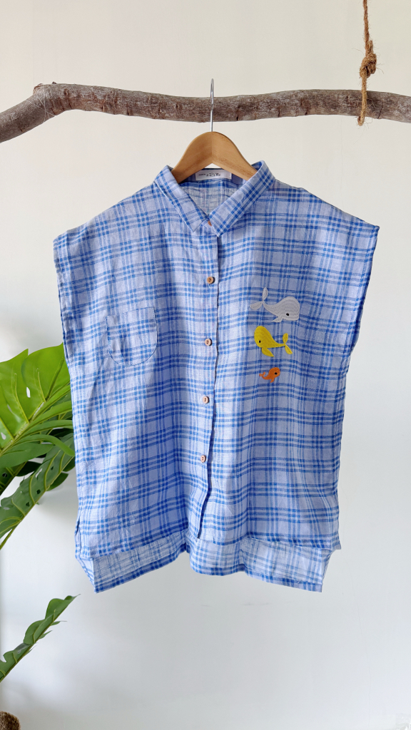 日系直肩鲸鱼刺绣衬衫