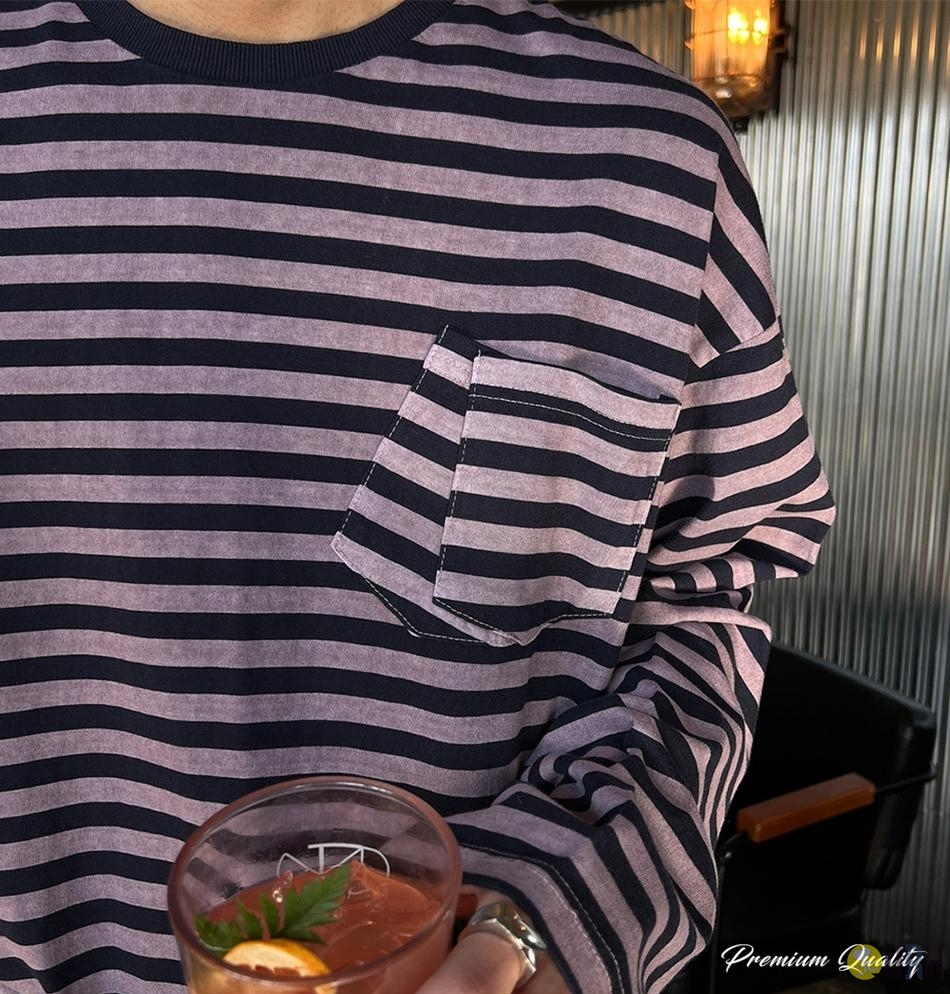 【100%保證韓國直送】復古染色橫條紋口袋寬版長袖上衣 [3 color] RG165834