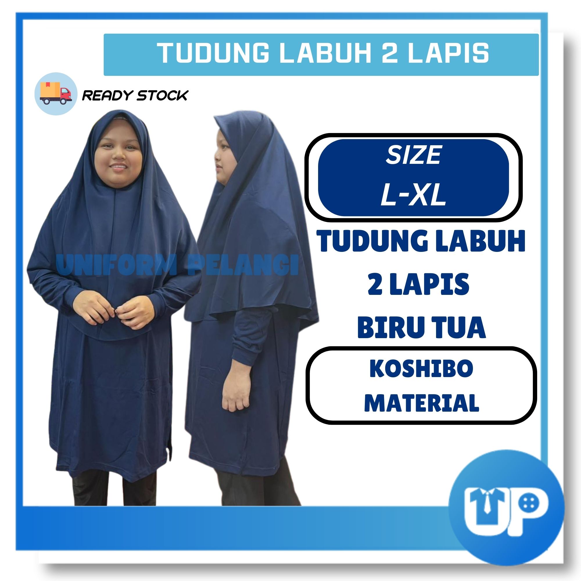 Tudung Labuh Biru Tua Dark Blue Sekolah Licin Koshibo Tudung Dua Lapis Kokurikulum Sekolah Bulat