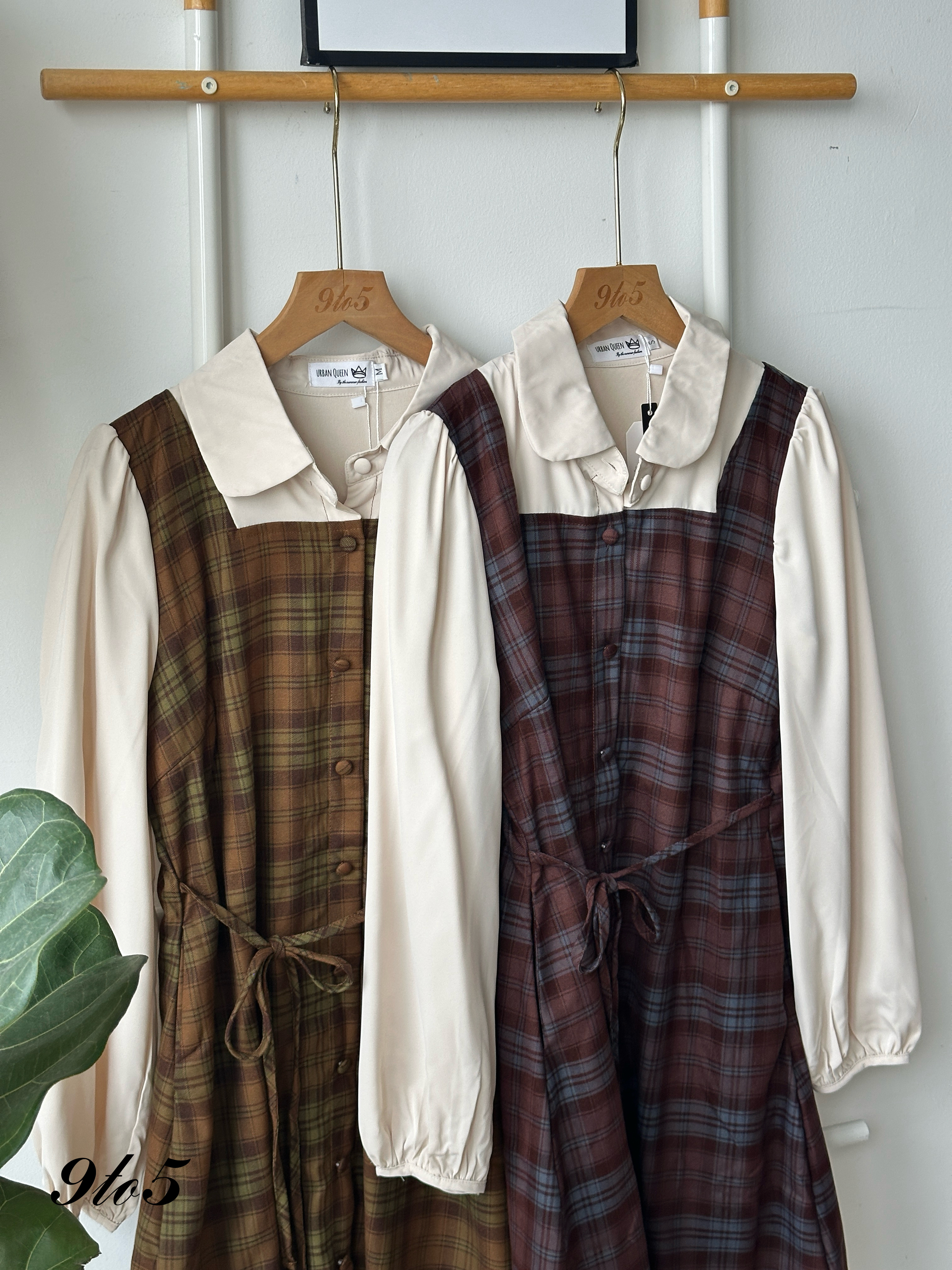 D2340 Fake Two-Piece Checker Dress - Chesnut & Olive