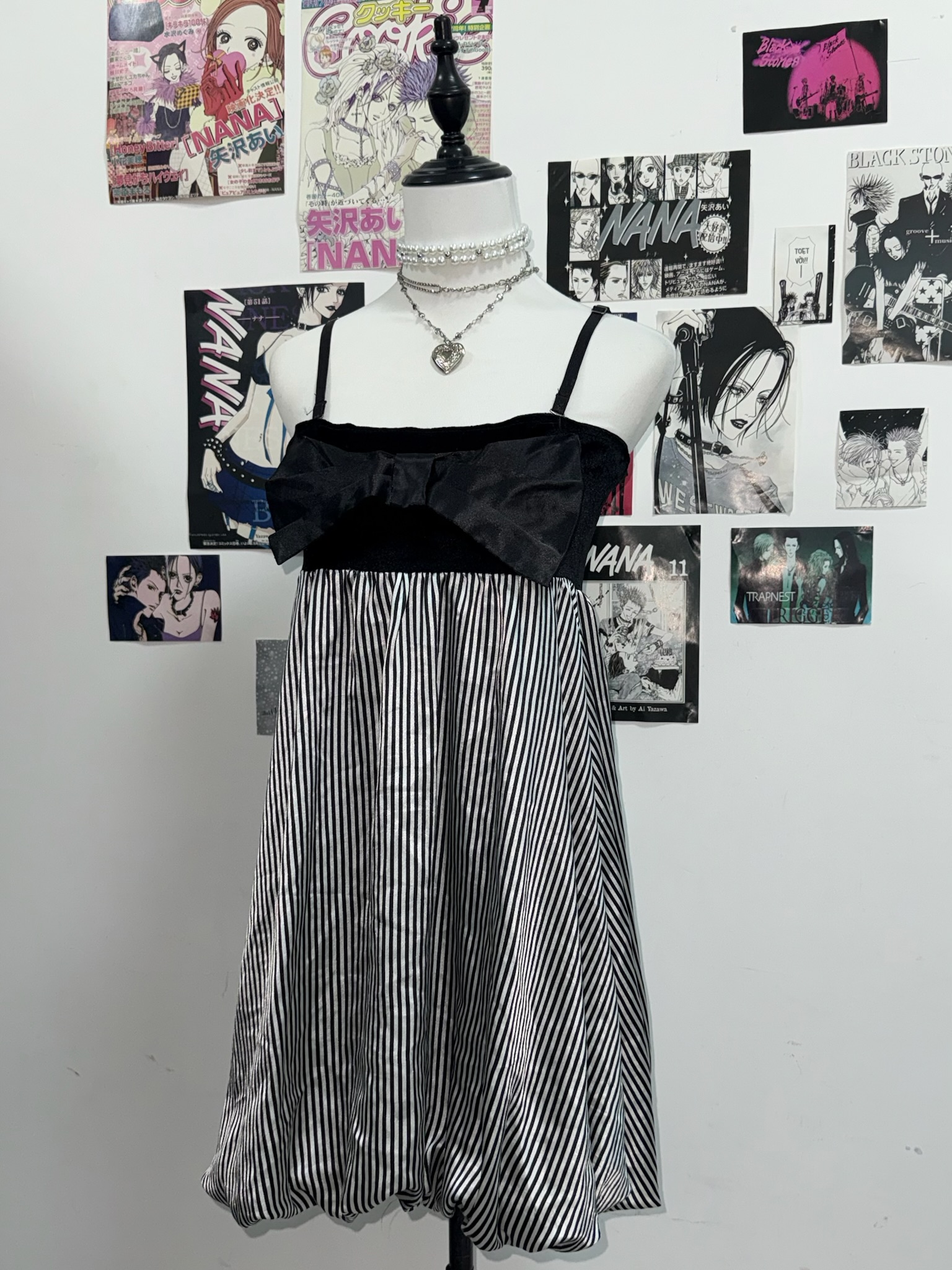 Black and Silver Striped Cami Dress with Big Bow