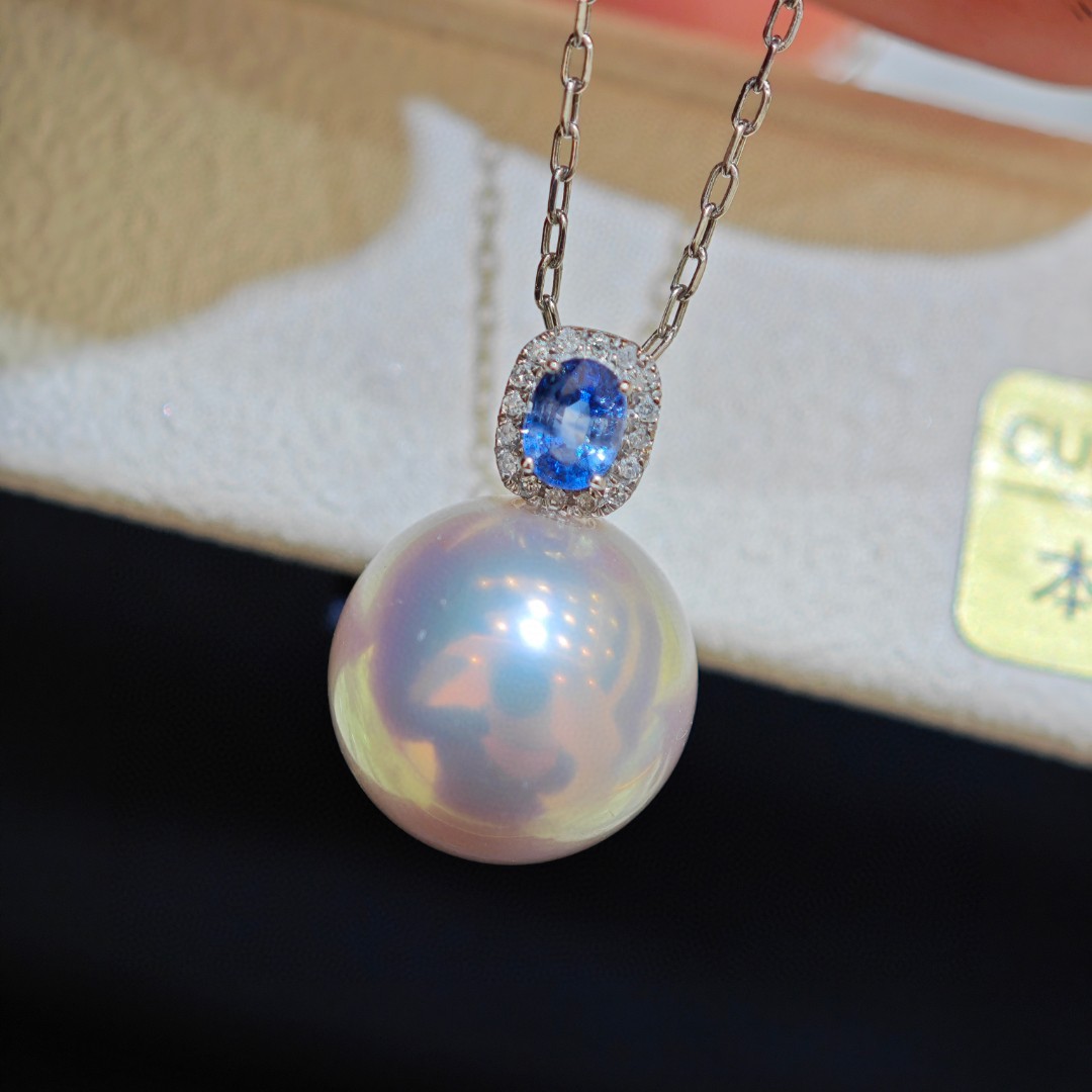 11-12mm正圓無瑕 搭配天然藍寶石 通體18k鑽石