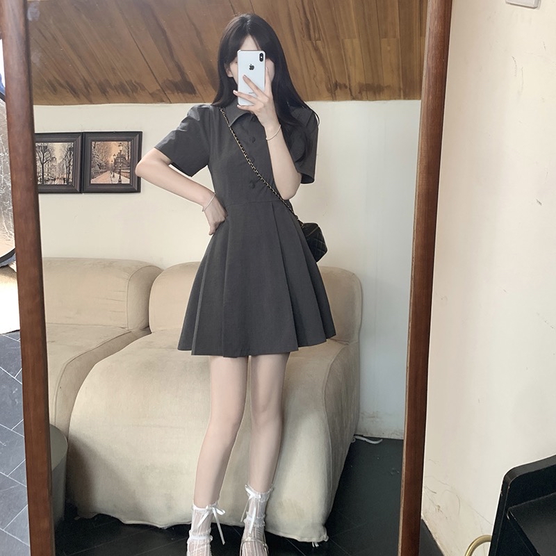 B182(365) 韩版高级感POLO翻领下摆规律百褶黑灰连身裙
