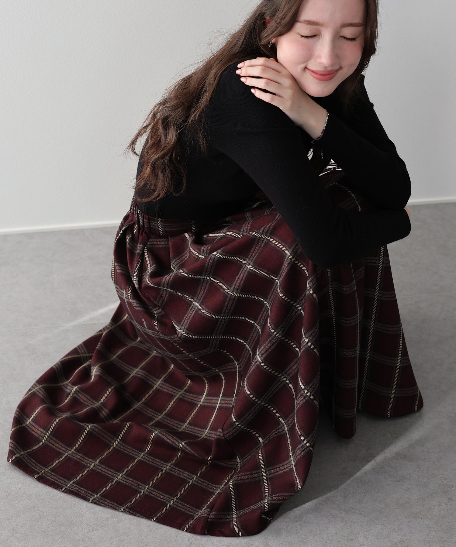 <限量現貨> <JP>復古格紋褶皺中長裙* wine