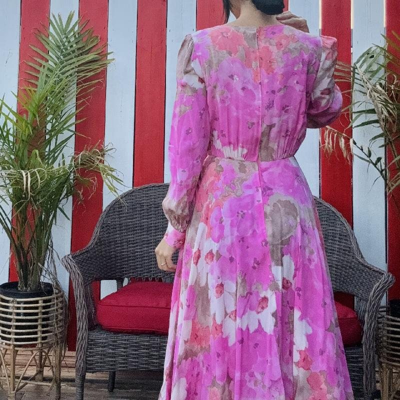 Vintage Artistic Ink Painting Floral Art Pattern Long Sleeve Light-weight Dress(MT1625)