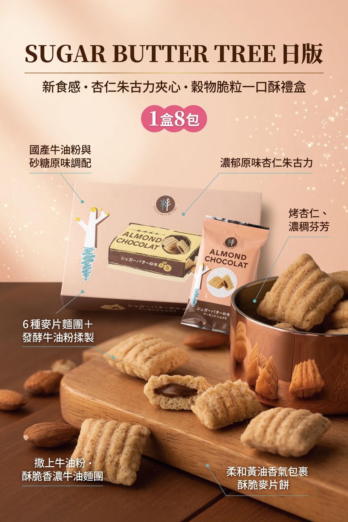 SUGAR BUTTER TREE日版Sugar Butter Tree 新食感 杏仁朱古力夾心 穀物脆粒一口酥禮盒 (1盒8包) 