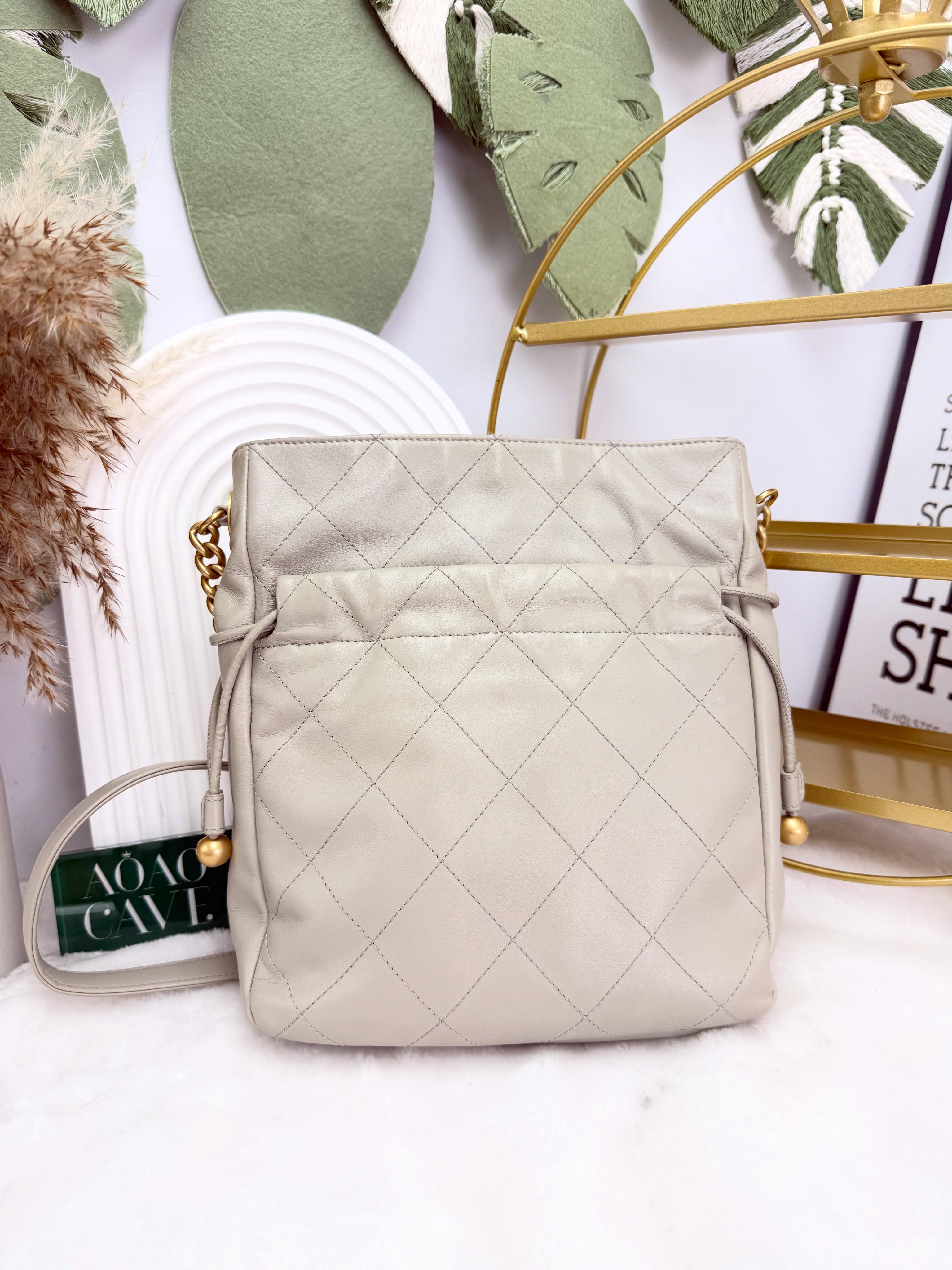 Chanel👜 PRE OWNED 🛍️灰色 金扣菱格鏈條單肩包 🩶
