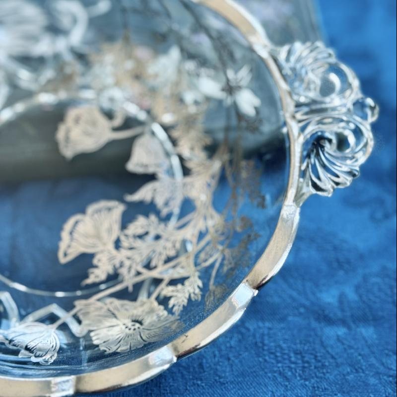 Vintage C.a. 1960s Silver Overlay Floral Pattern Glass Bowl with Scrollwork Handles (MT2013)