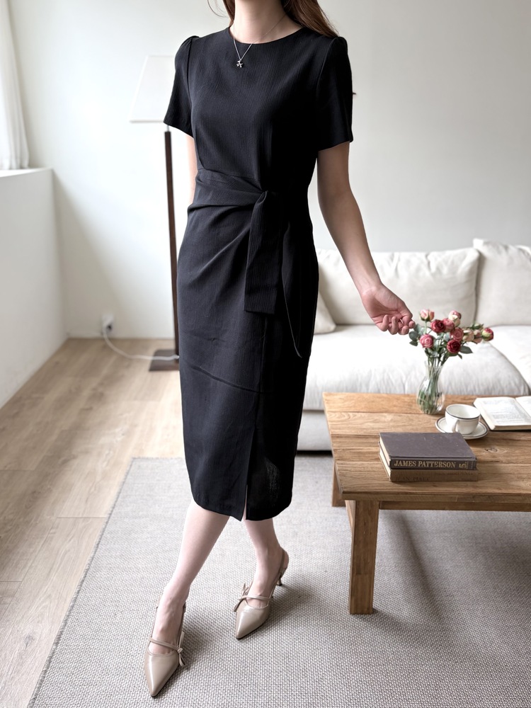 Elise Draped Slit Dress (Black)