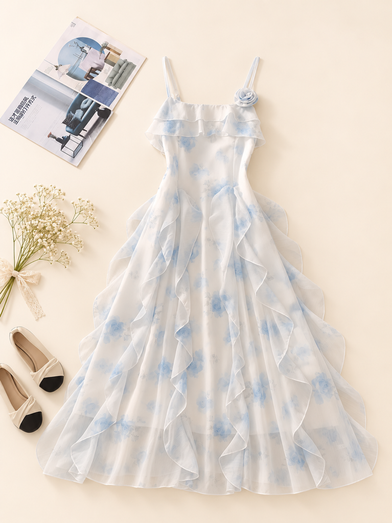 A031156 Sweet Floral Ruffle Strap Dress
