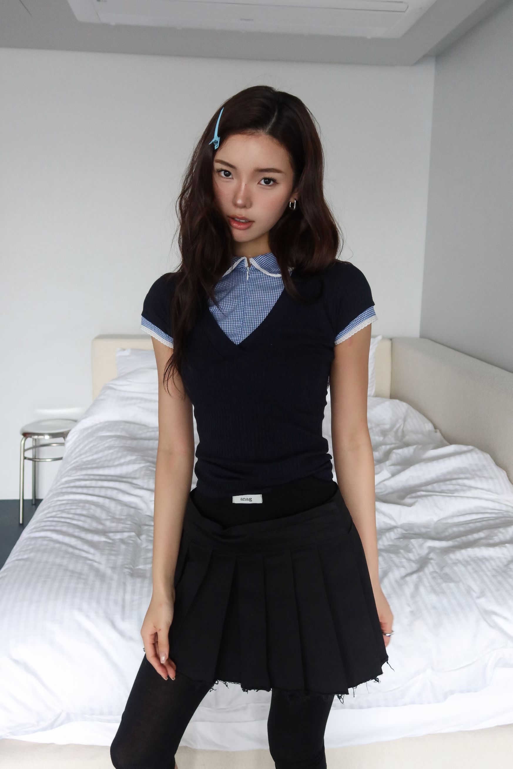 Layered Gingham V-Neck Ribbed Top