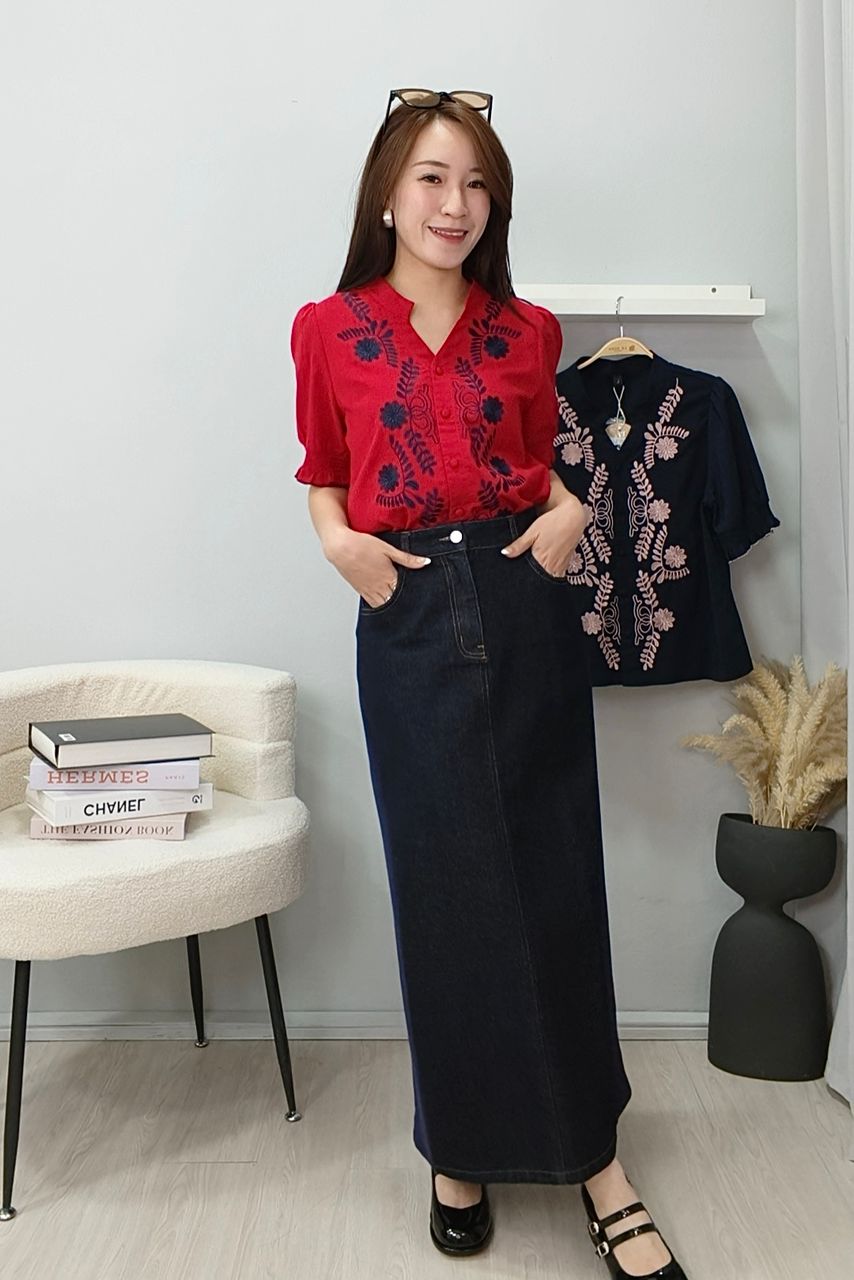 CS1367 Contrast Panel Denim Midi Skirt