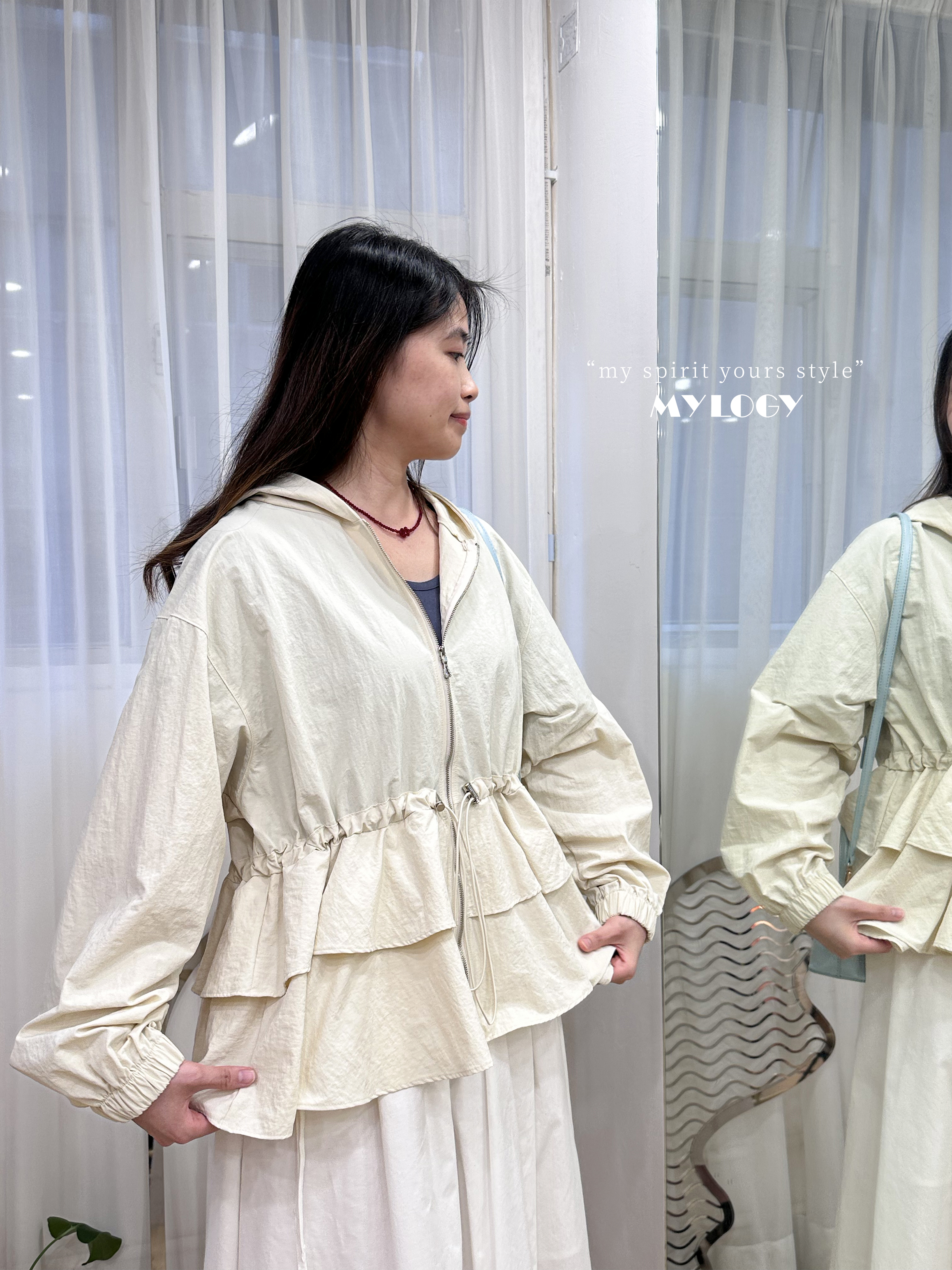 非典型少甜～束腰索繩Double Ruffle連帽風衣 J0002 - 白色 Ivory