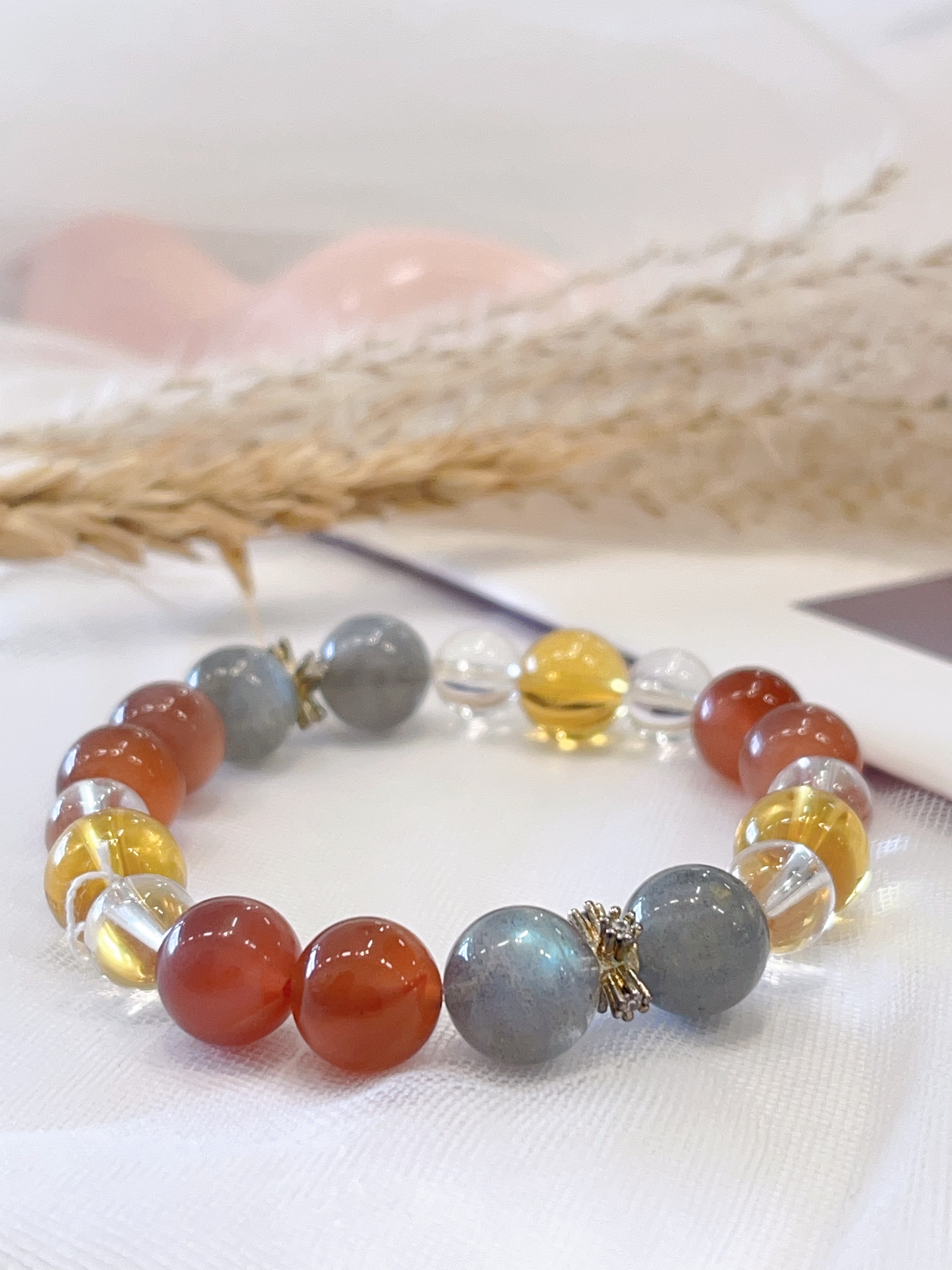 🌙 彩光守护 · 月光石 × 红玛瑙 × 白水晶 × 黄水晶手串  Moonstone & Carnelian & Clear Quartz & Citrine Bracelet