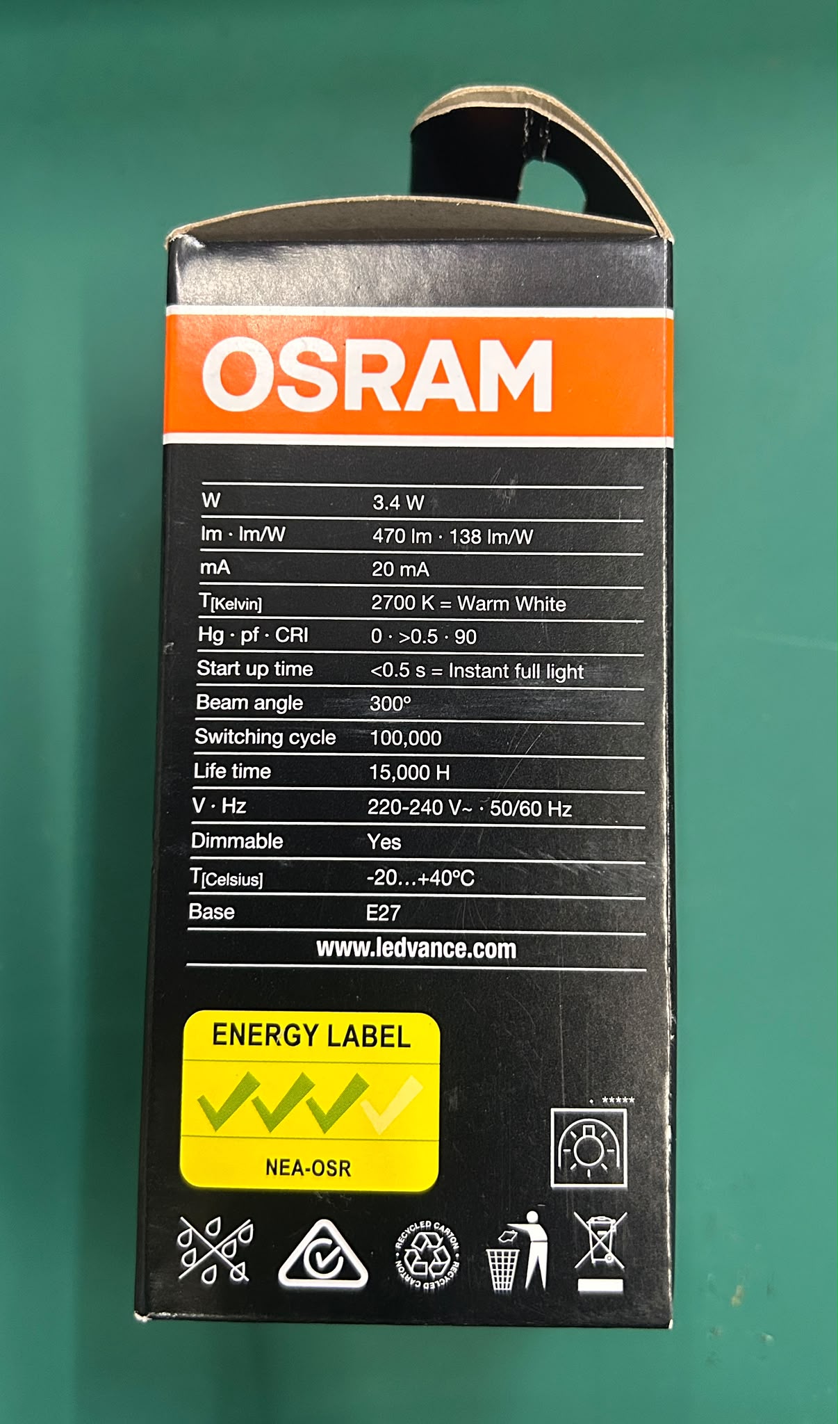 OSRAM LED BULB 3.4W Warm White 2700k E27 AC45184 DIMMABLE LED PERFROMANCE