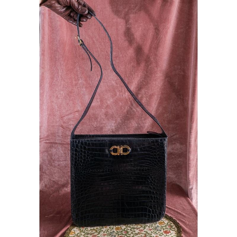 Vintage Salvatore Ferragamo Dark Blue Embossed Leather With iconic Gancini Hardware Large Two Way Shoulder / Crossbody Bag (MT1815)