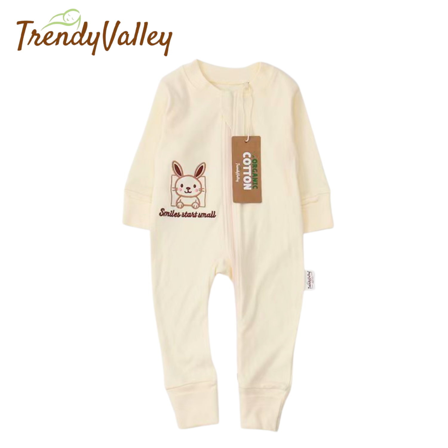 Trendyvalley Organic Cotton Sleepwear Baby Zip Romper (Rabbit)