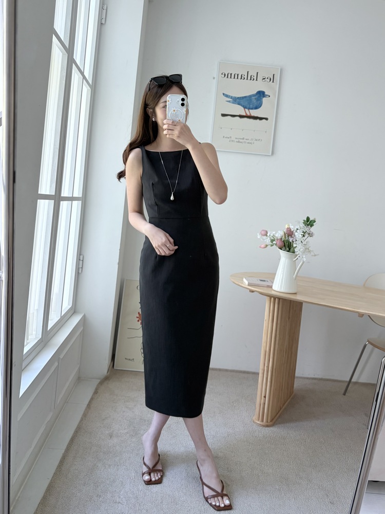 Linen Blend Twisted Strap Dress (Black)