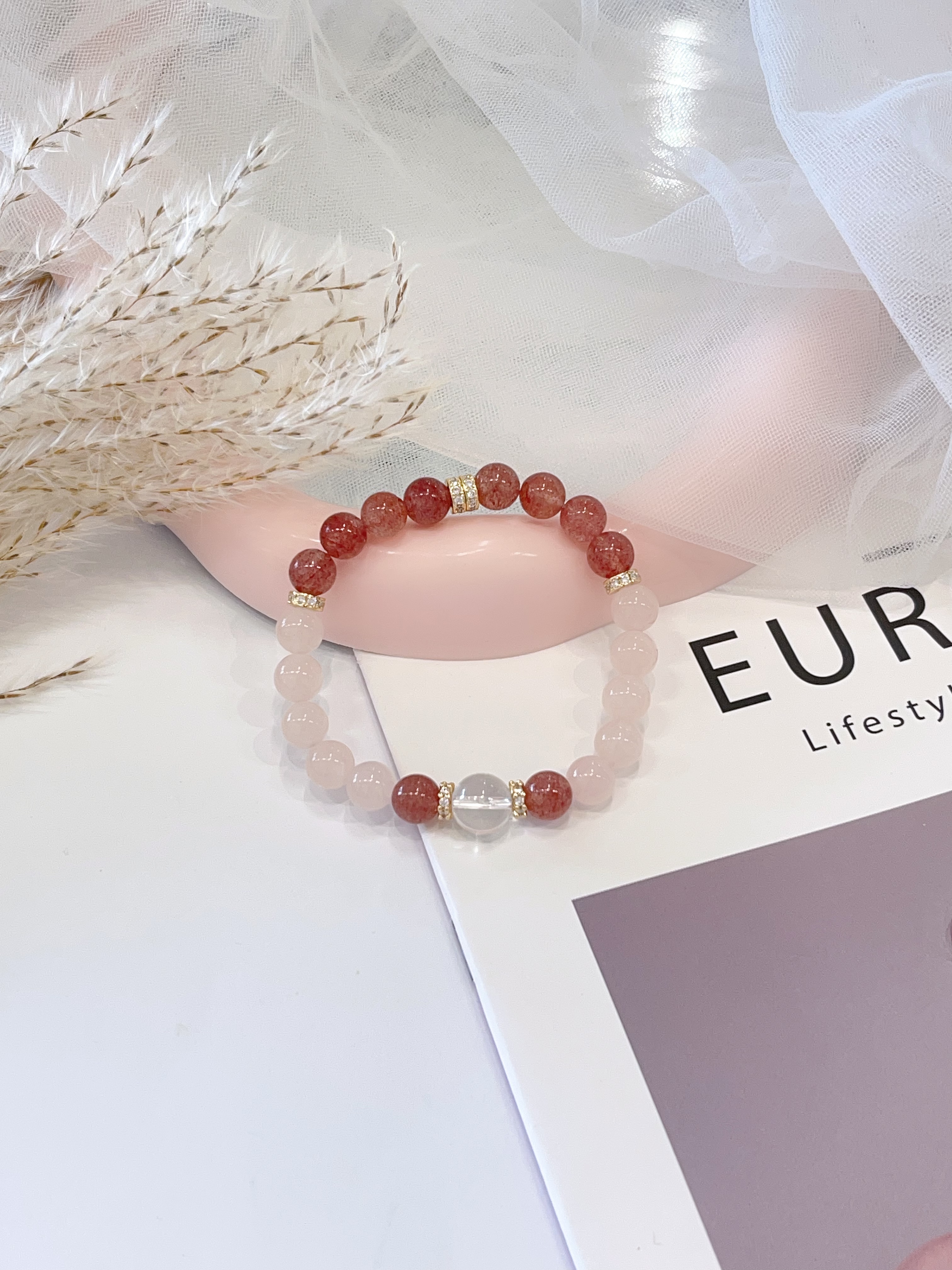 🌸 白水晶 × 粉水晶 × 草莓晶手串 Clear Quartz, Rose Quartz & Strawberry Quartz