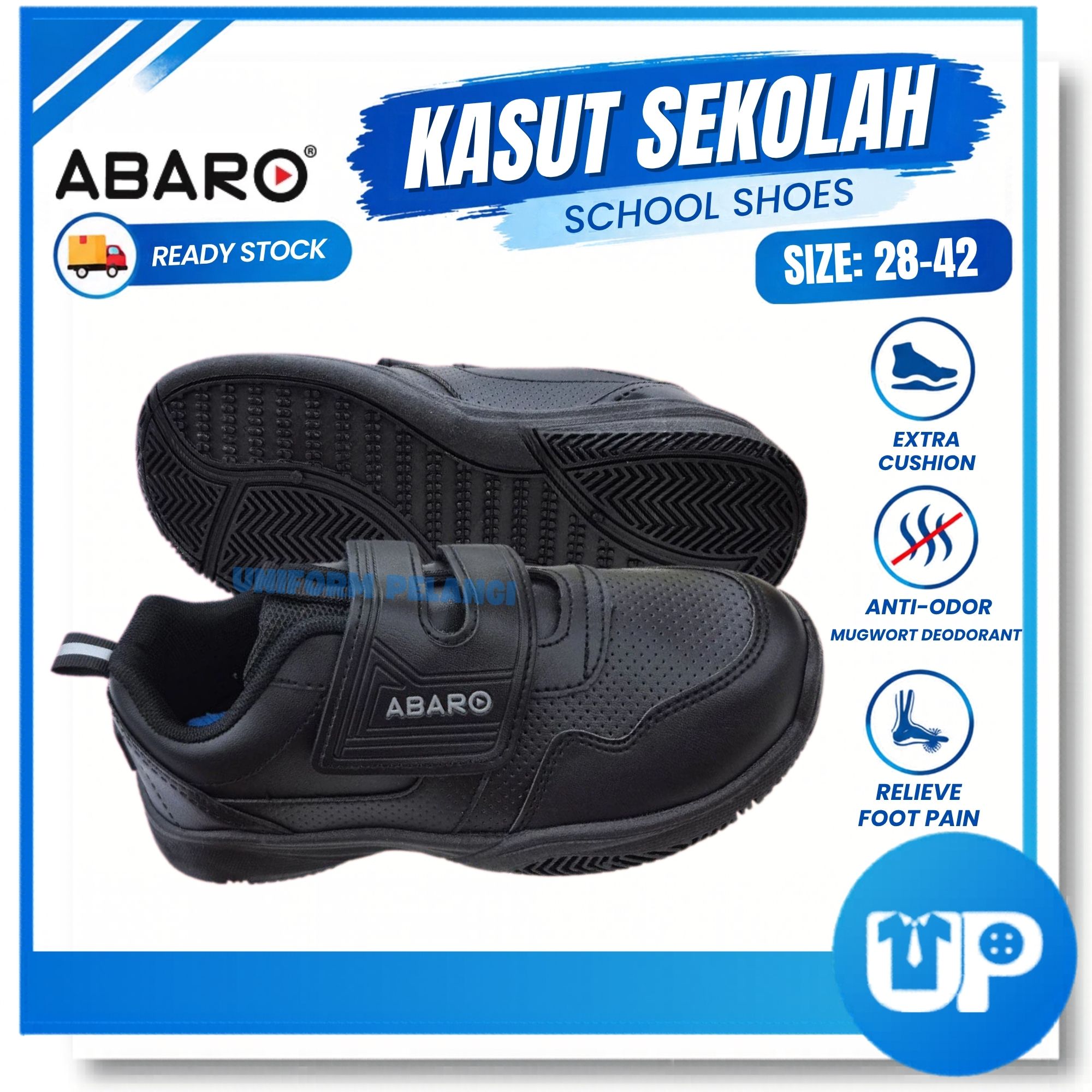 ABARO Kasut Sekolah Hitam Velcro Strap PU Leather Lightweight Sekolah Extra Cushion Shoe (2383N)
