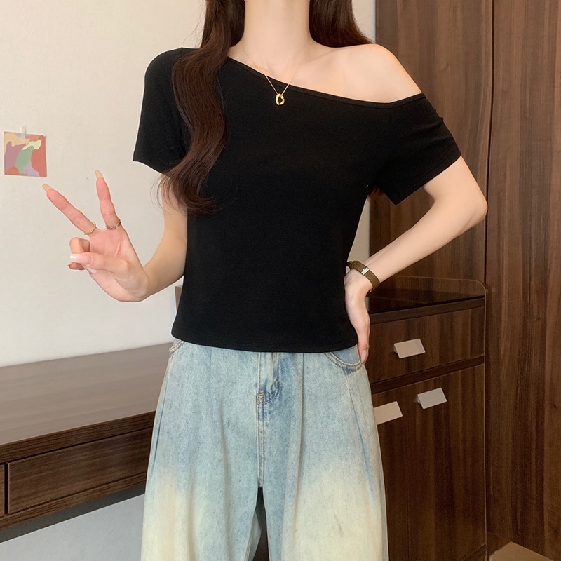 B199(16110) 韩系爆款纯色斜领显瘦百搭3色上衣 