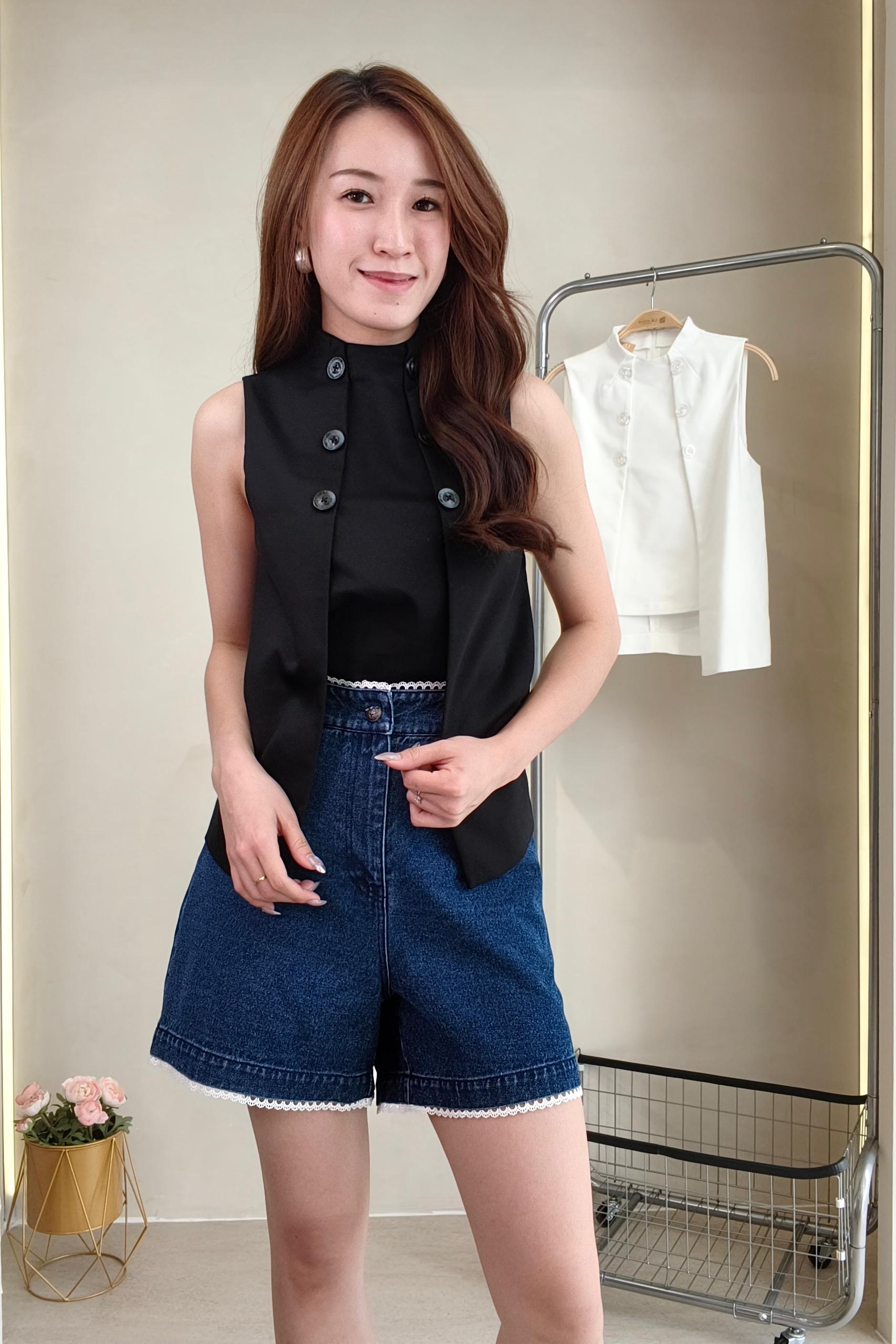965408 Lace Trim High-Waist Denim Shorts