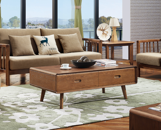 實木雙排抽屜茶几