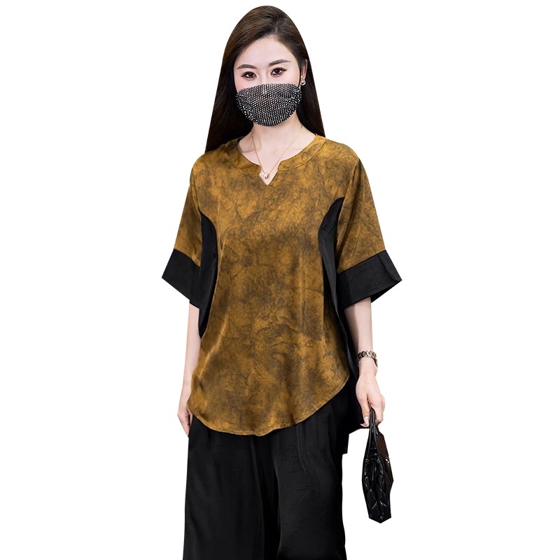 B207(2560) 新中式气质洋气国风染撞色卷边袖黄上衣与黑长裤套装