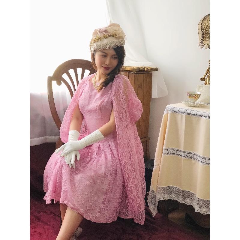 RARE! 1950s Soft Pink Lace Twin Set from Canada- Fit & Flare Dress with Outer(MT891)