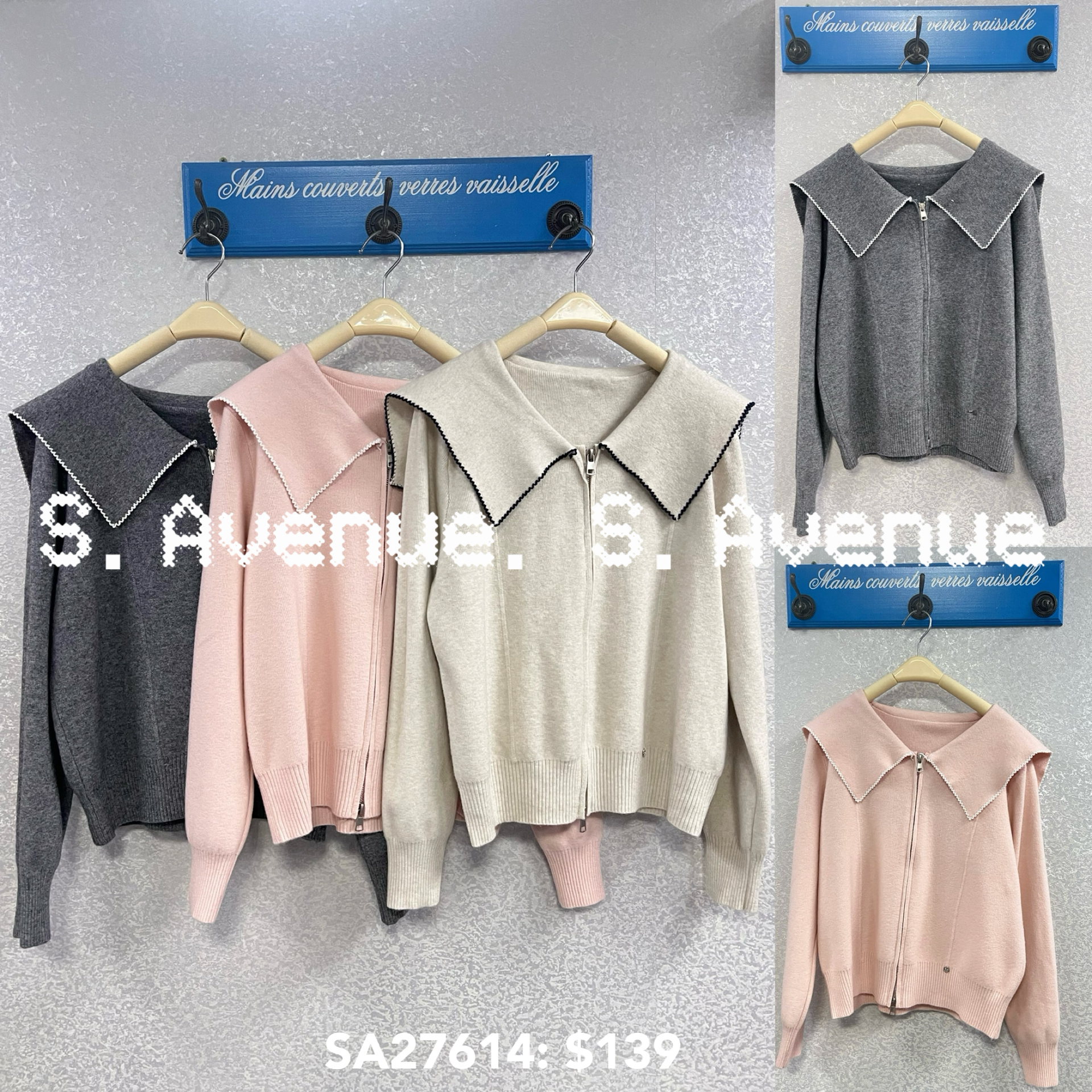 SA27614: 長袖水手領撞色邊前有骨拉鍊top