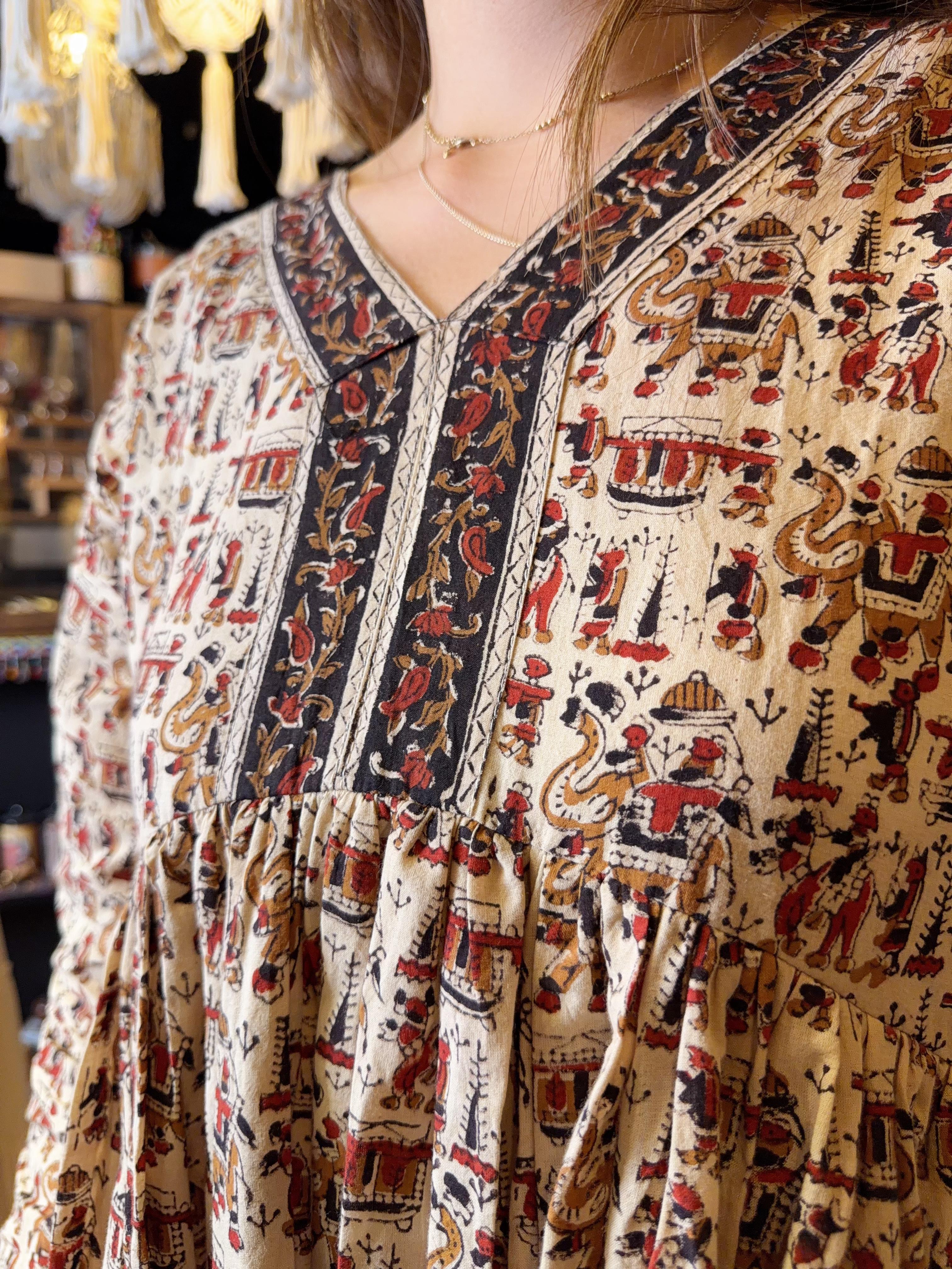 Egypt Print Kalamkari Y-Neck Block Print OP 45" #1089