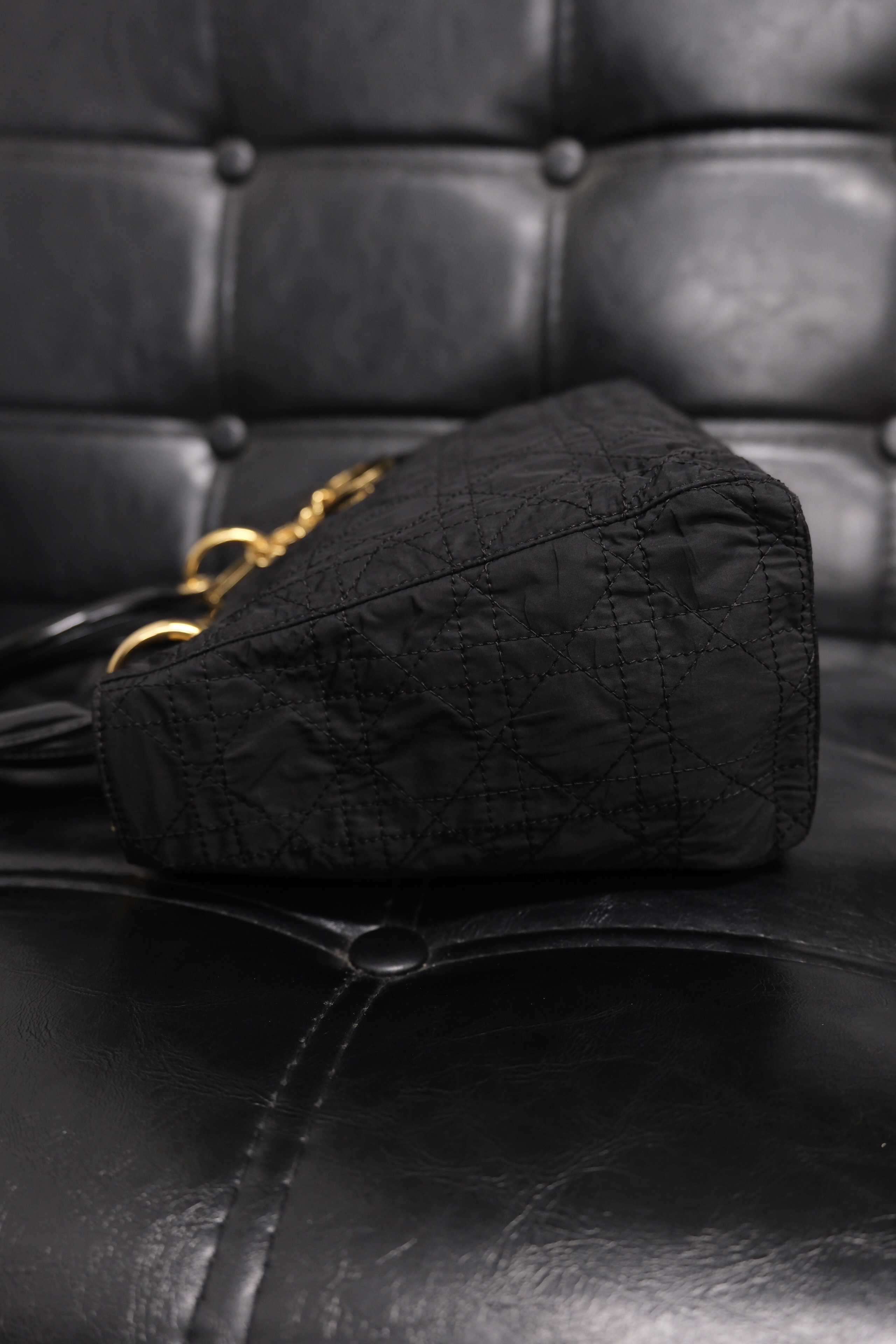 Dior Lady Dior Cannage Nylon Hand Bag Black Gold