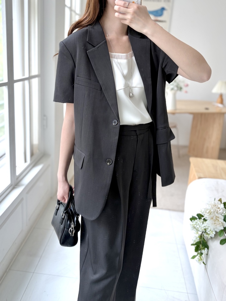 Aveline Belted Straight Slacks (Charcoal)