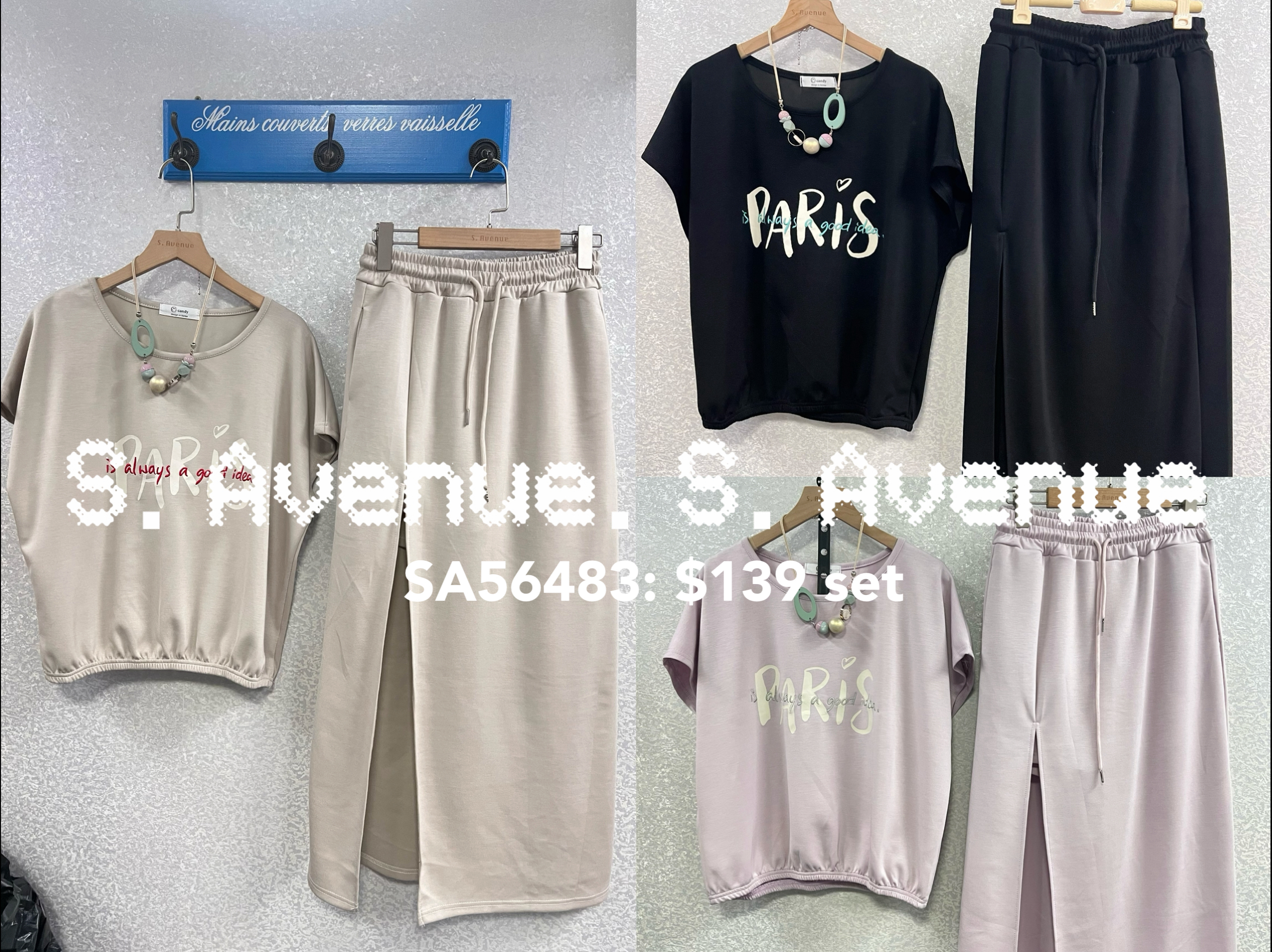 SA56483: 短袖Paris tee配開叉長裙套裝