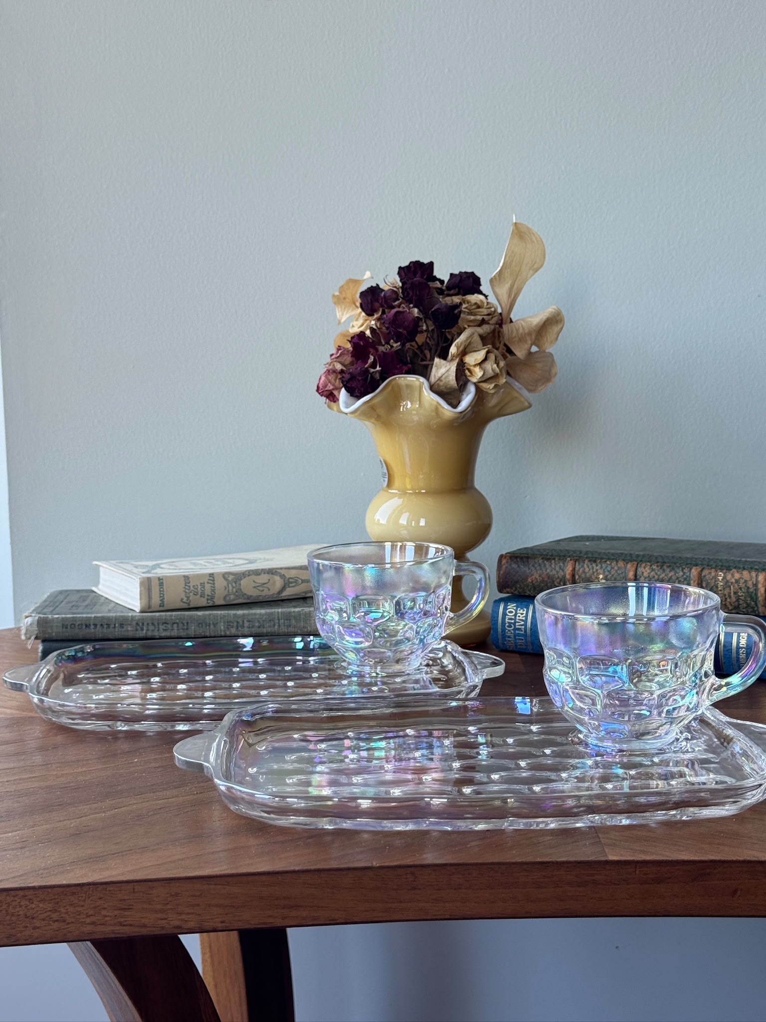 Vintage C.a. 1960s USA Federal Glass Yorktown “Thumbprint” Iridescent Snack Set -2 Sets  (MT2641)
