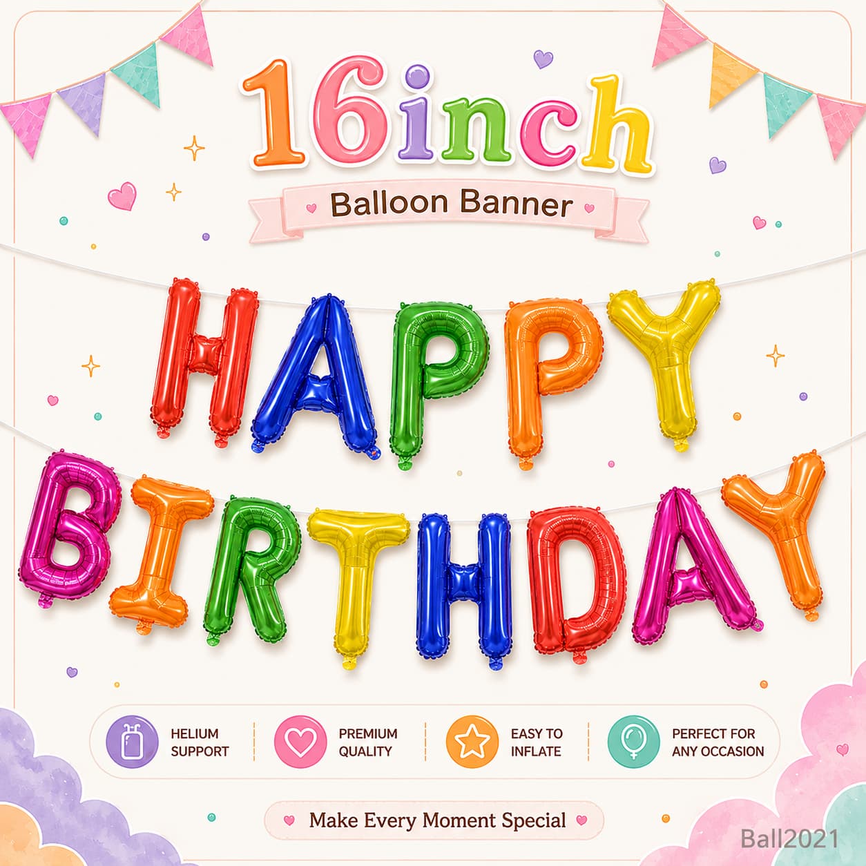  16吋馬卡龍色 HAPPY BIRTHDAY 彩色生日字母鋁膜氣球拉旗