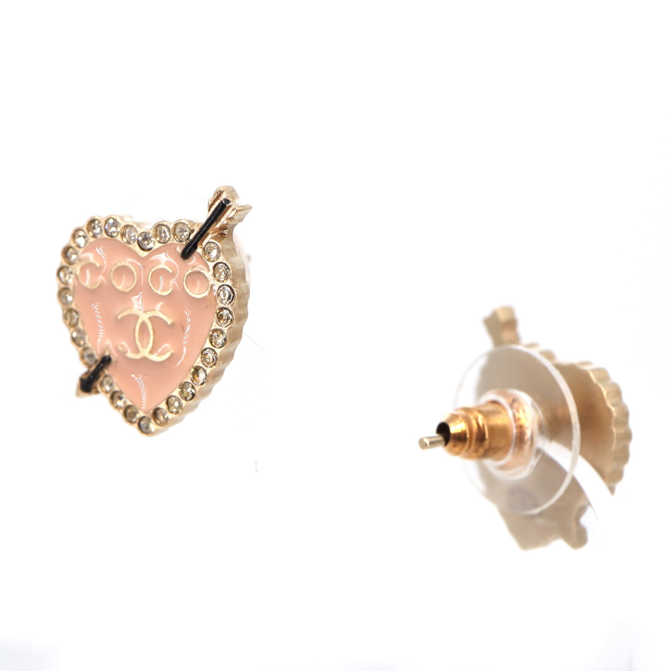 Chanel Coco Mark Enamel Rhinestone Heart Piercing Earrings