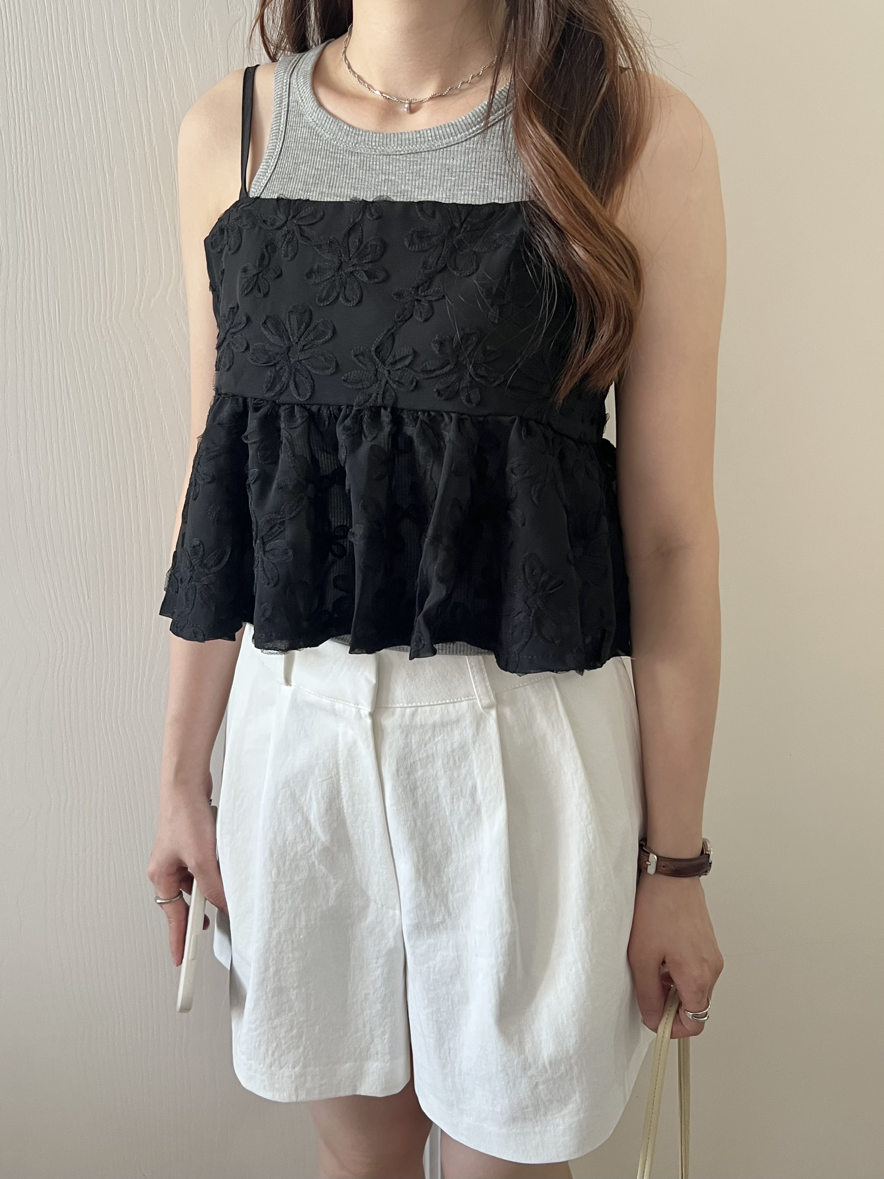甜價仙氣花花兩穿吊帶背心 黑色