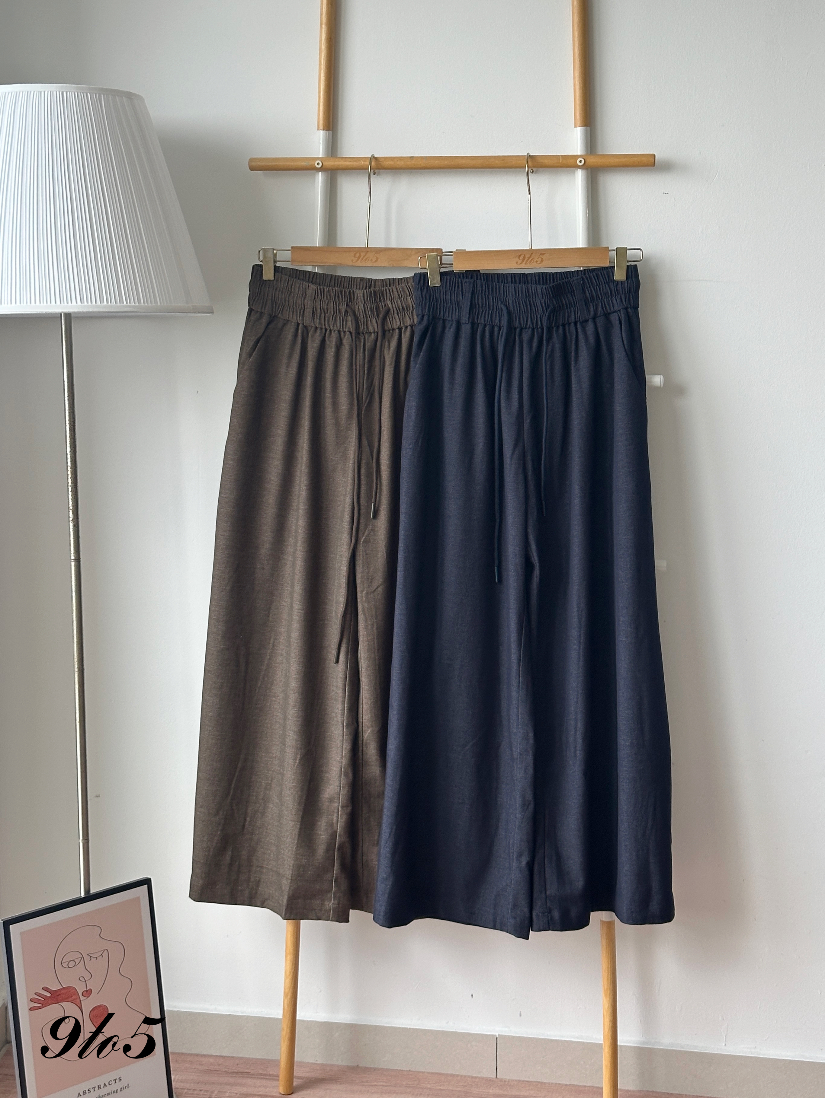 S1935 Drawstring Wide Leg Pants - Blue & Brown