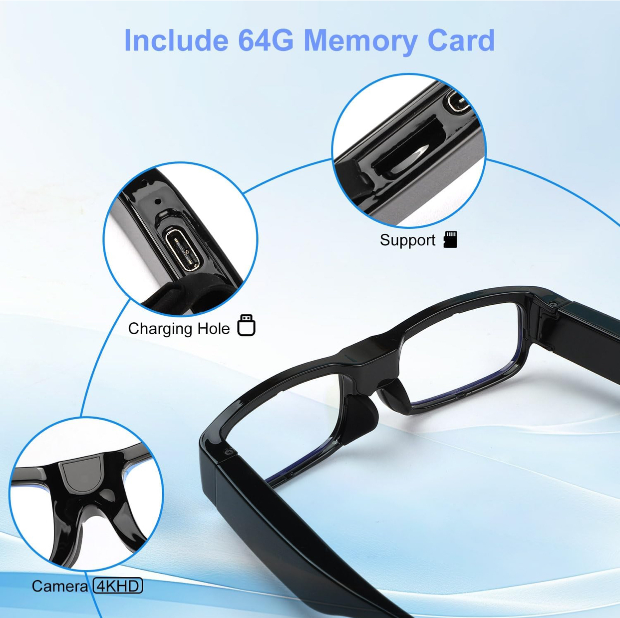 2160P 時尚黑框無孔眼鏡造型微型針孔攝影機(64G)