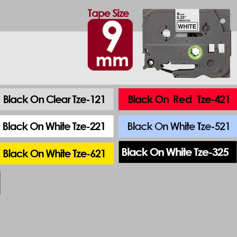 9mm Tze-121 221 621 compatible label tape Label PrinterPT-H110 D210 D450 D600 P700 P750W E110VP E300VP Tape Sticker