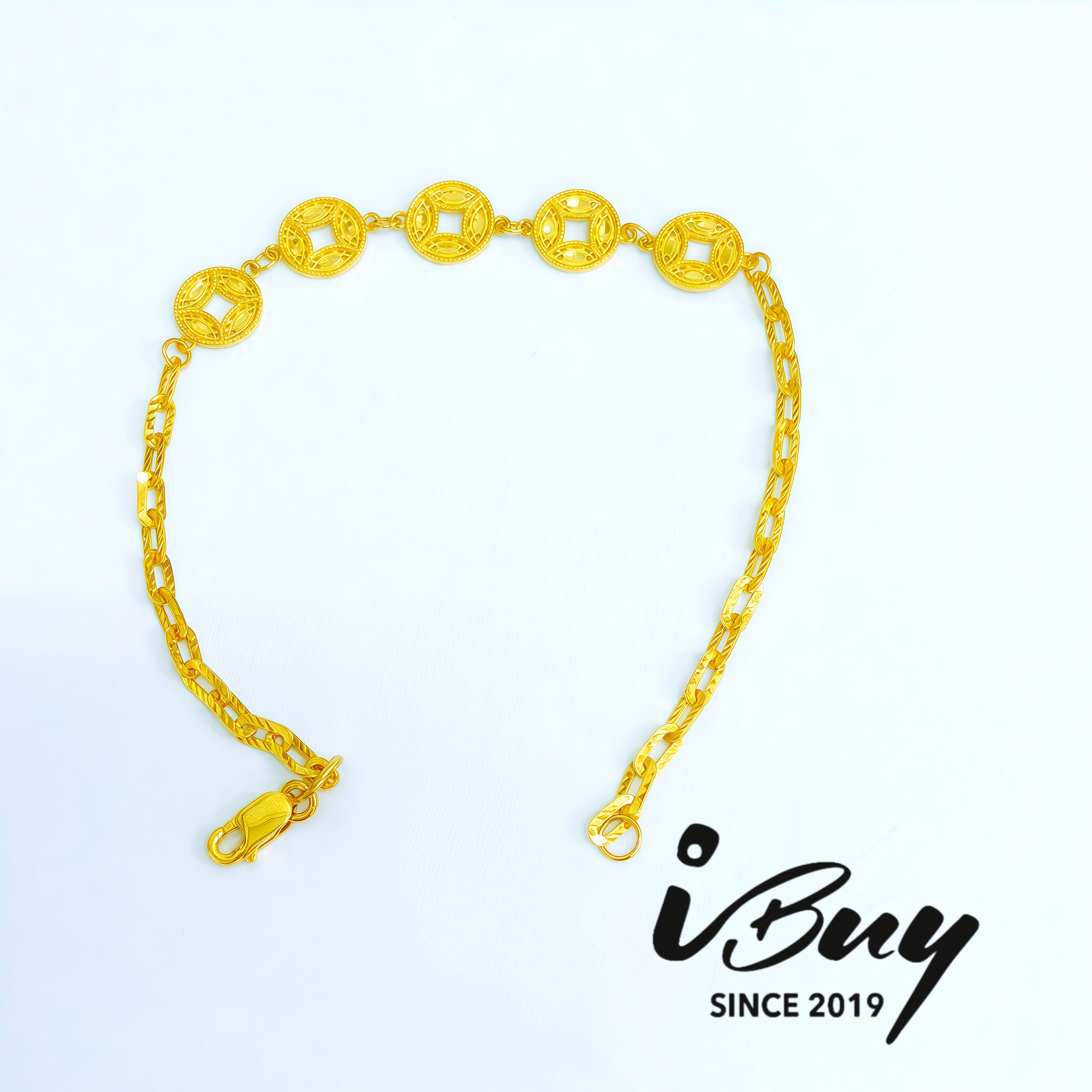 916 GOLD 5 ANCIENT COIN PAPERCLIP BRACELET 916 金 五帝币车花回形针手链