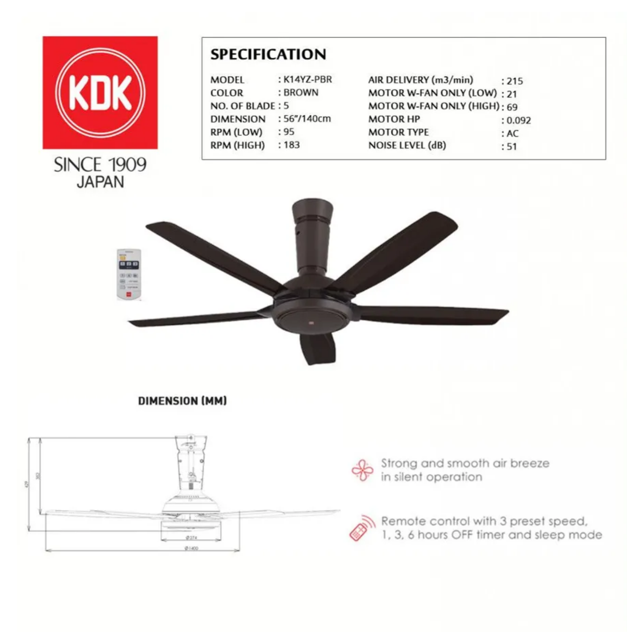 KDK 56" 5-Blade Remote Ceiling Fan K14YZ-PBR (Brown)