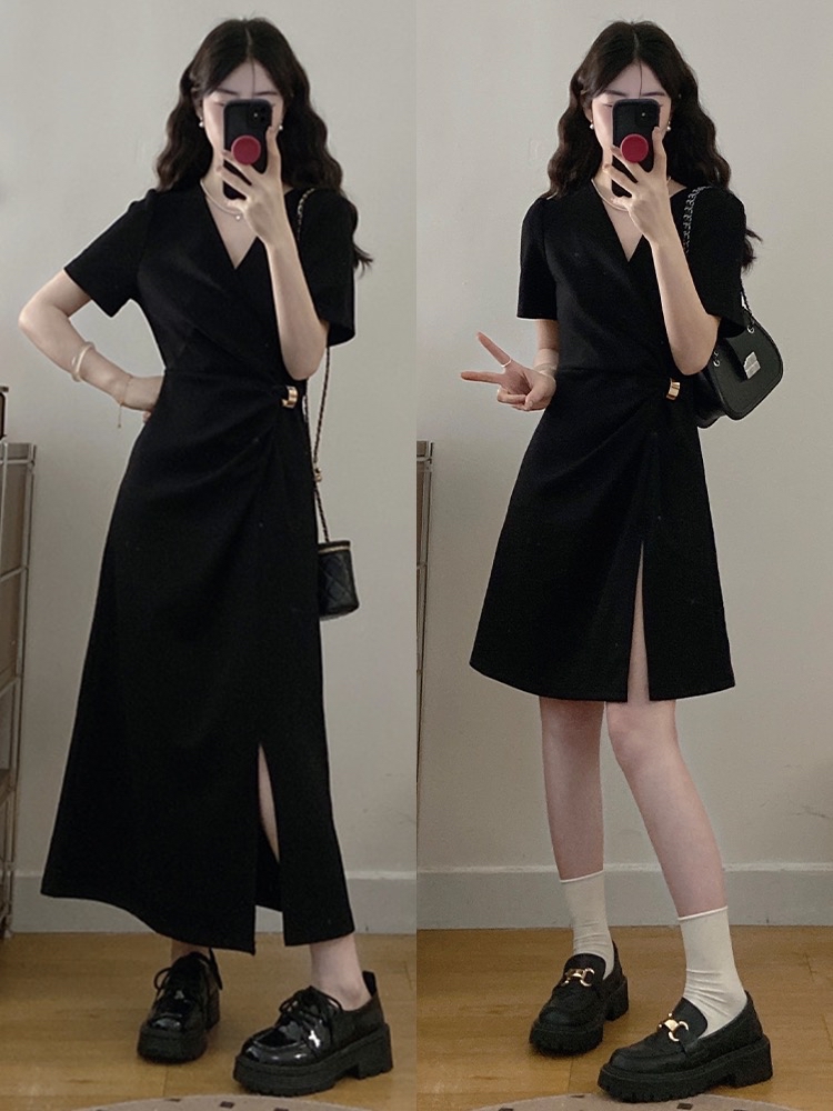 B14(1960短) 短款法式交叉领腰扭结金圈扣下摆开角黑连身裙