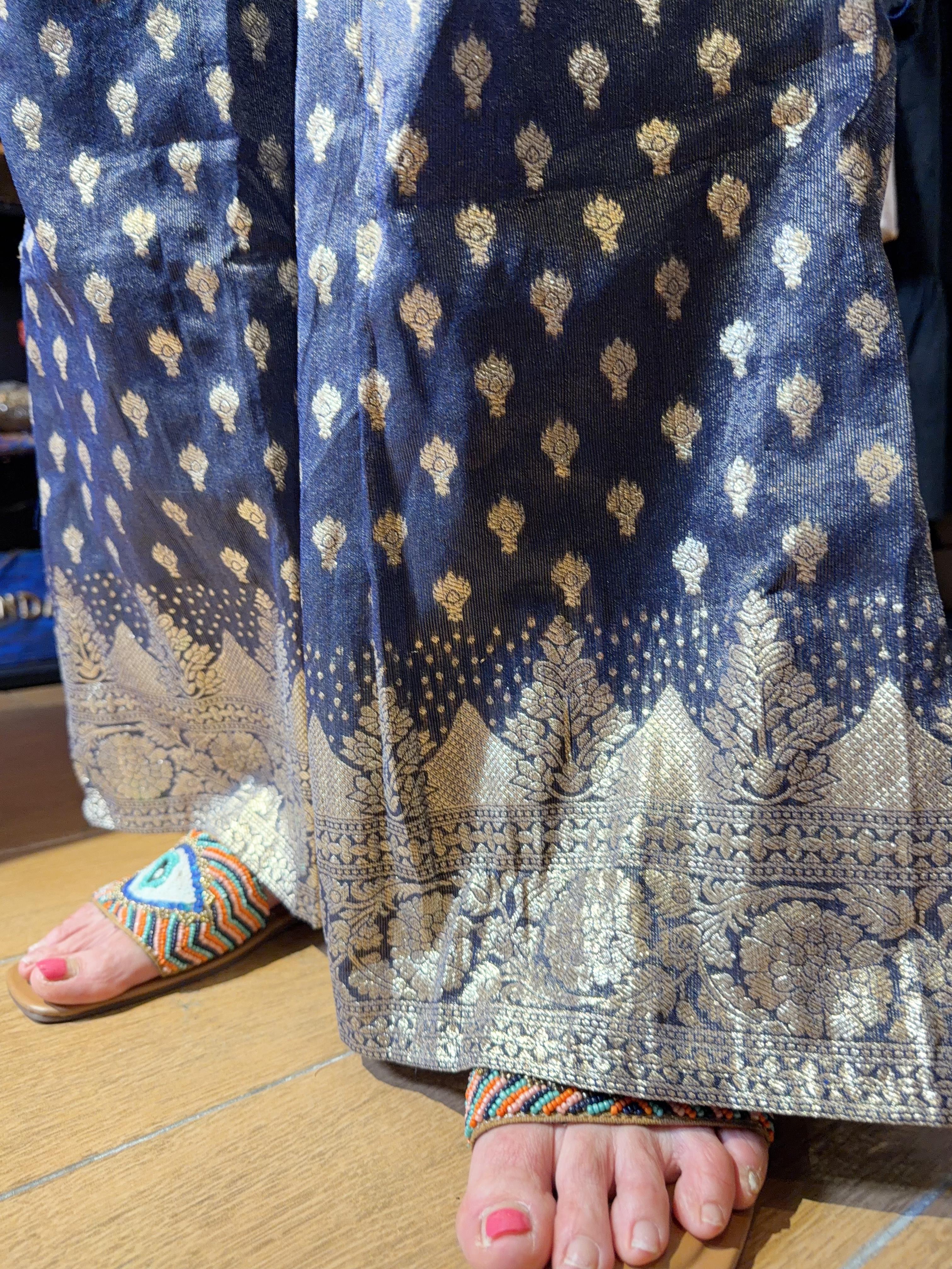 Navy Blue Chiffon Silky Gold Print Pants 38" #1109