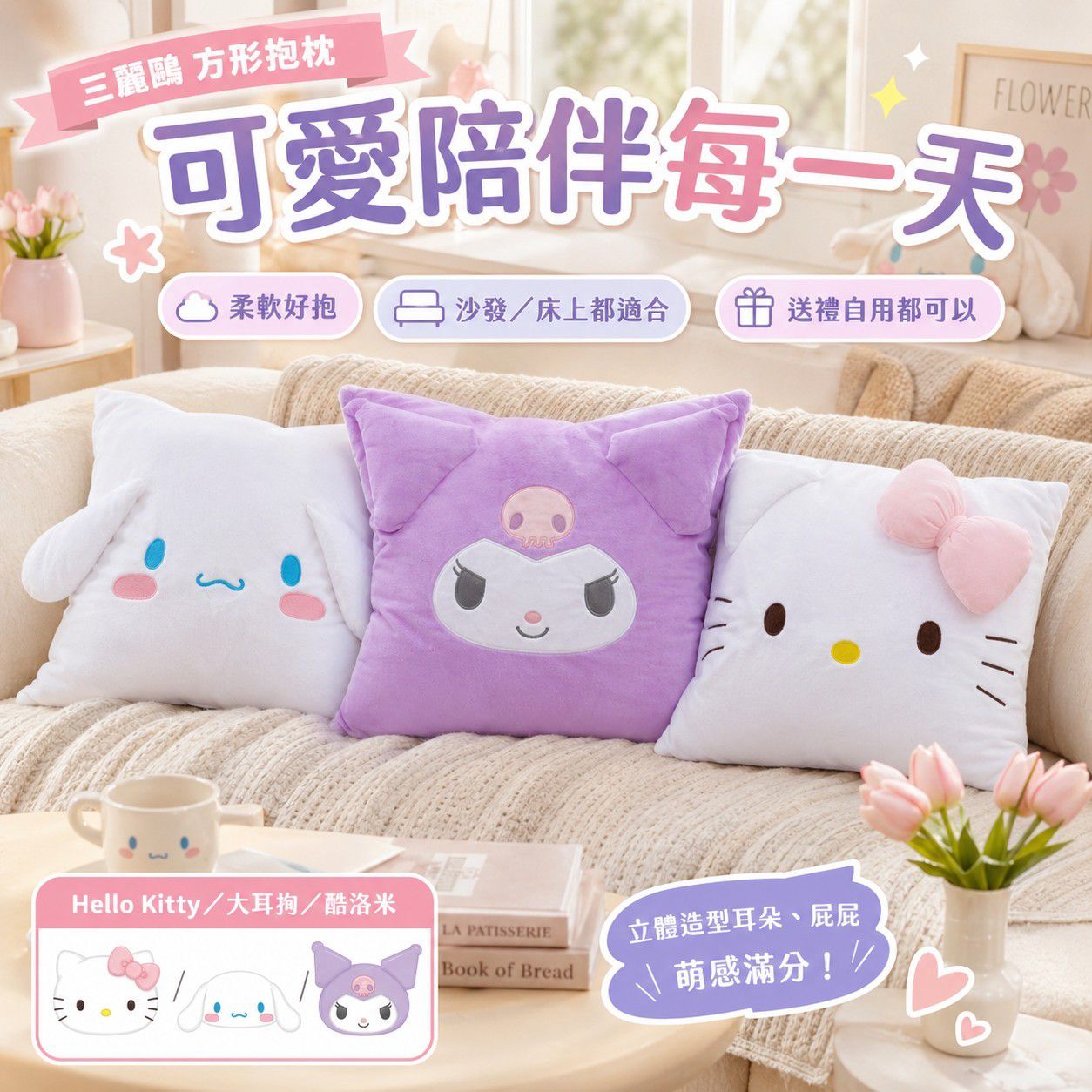 $125件.2件起$115件。台灣正版授權三麗鷗方形抱枕